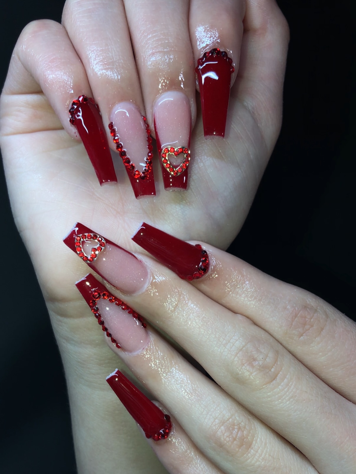 Crimson Heart Embellished Coffin Nails