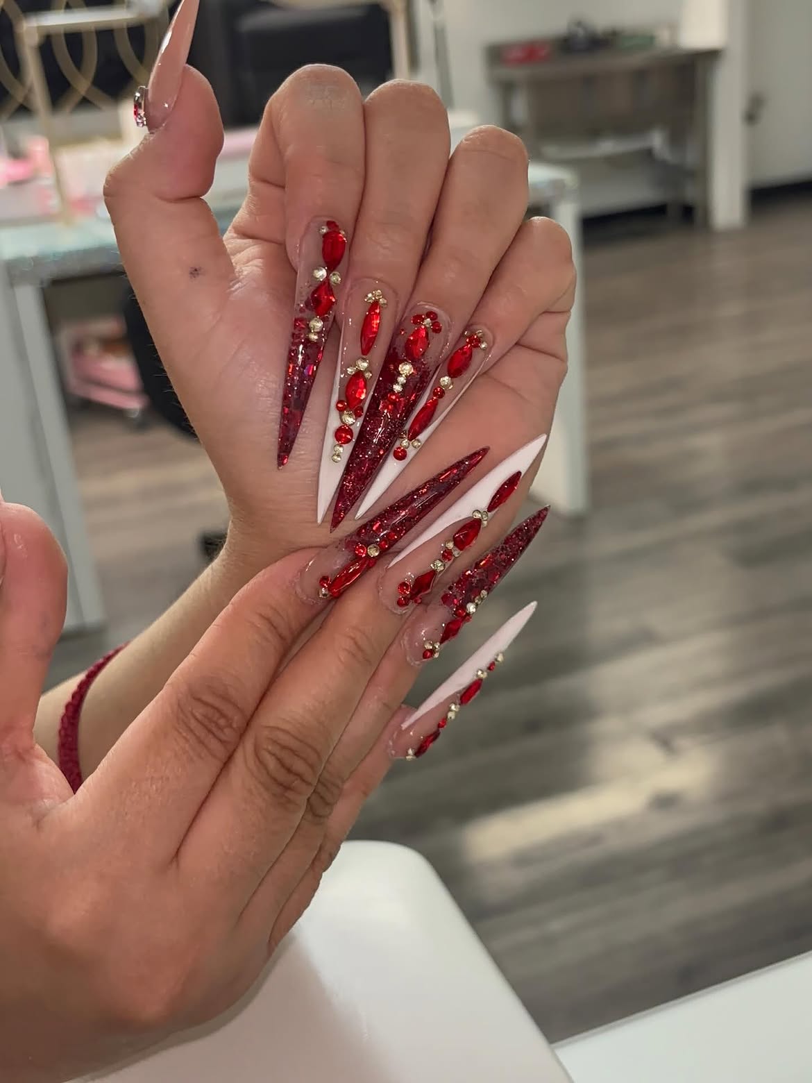 Crimson Jewel Stiletto Statement Nails