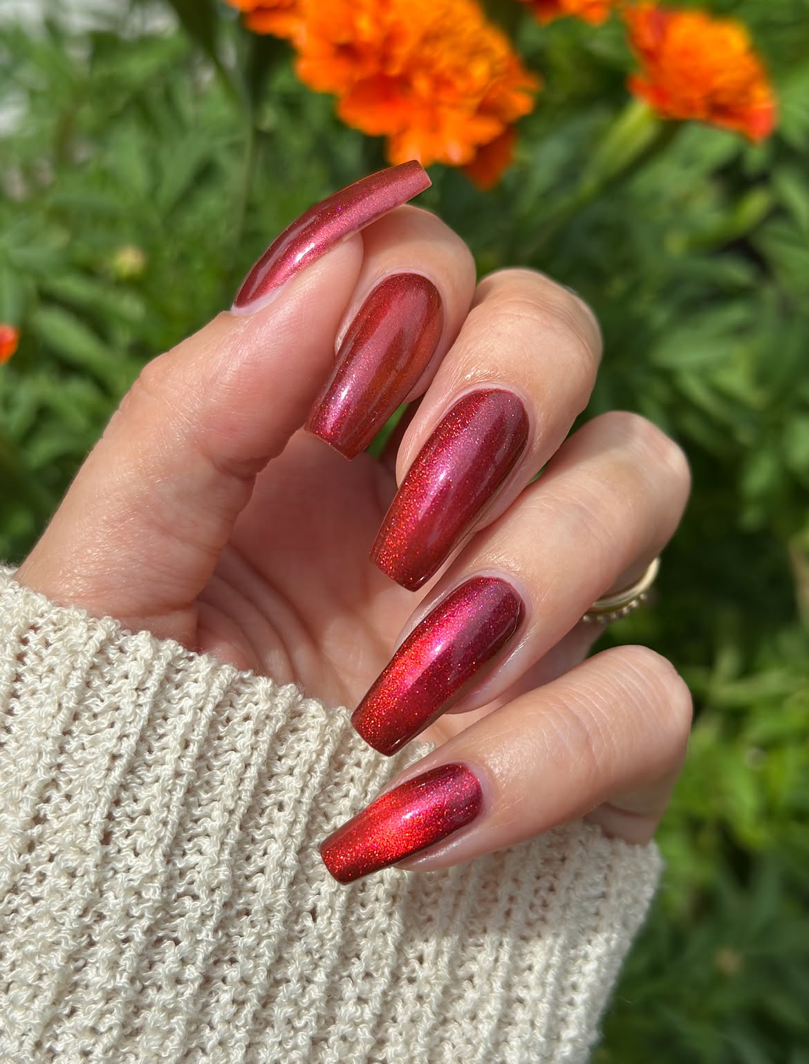 Crimson Sparkle Coffin Nails