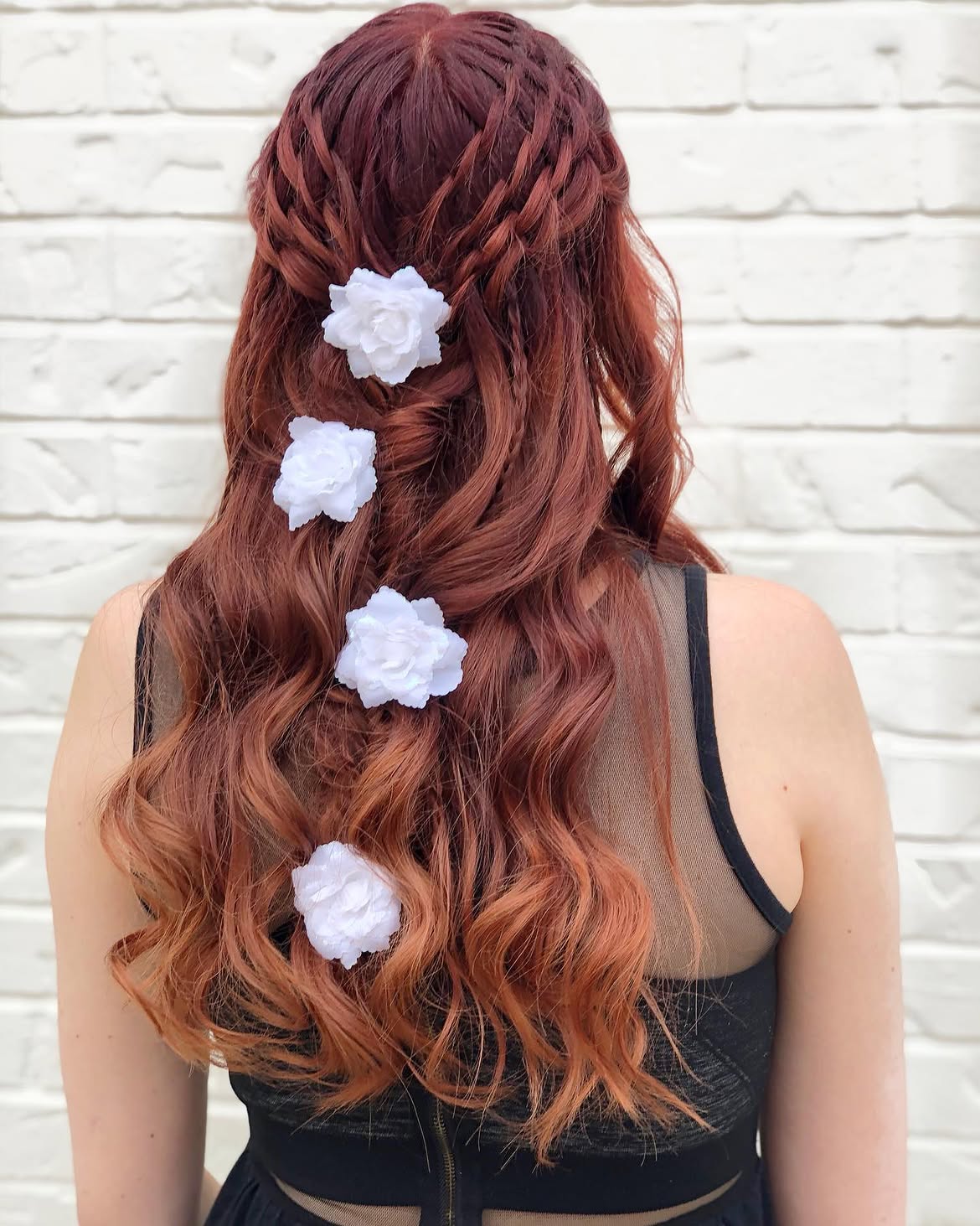 Crimson Waves With Waterfall Braids And Flowers