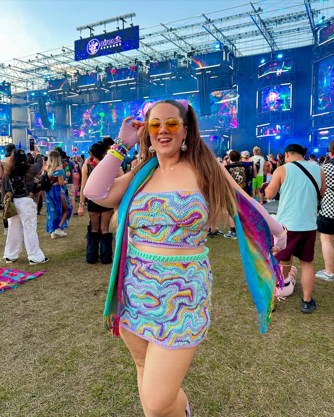 Crochet Festival Two-Piece With Rainbow Scarf
