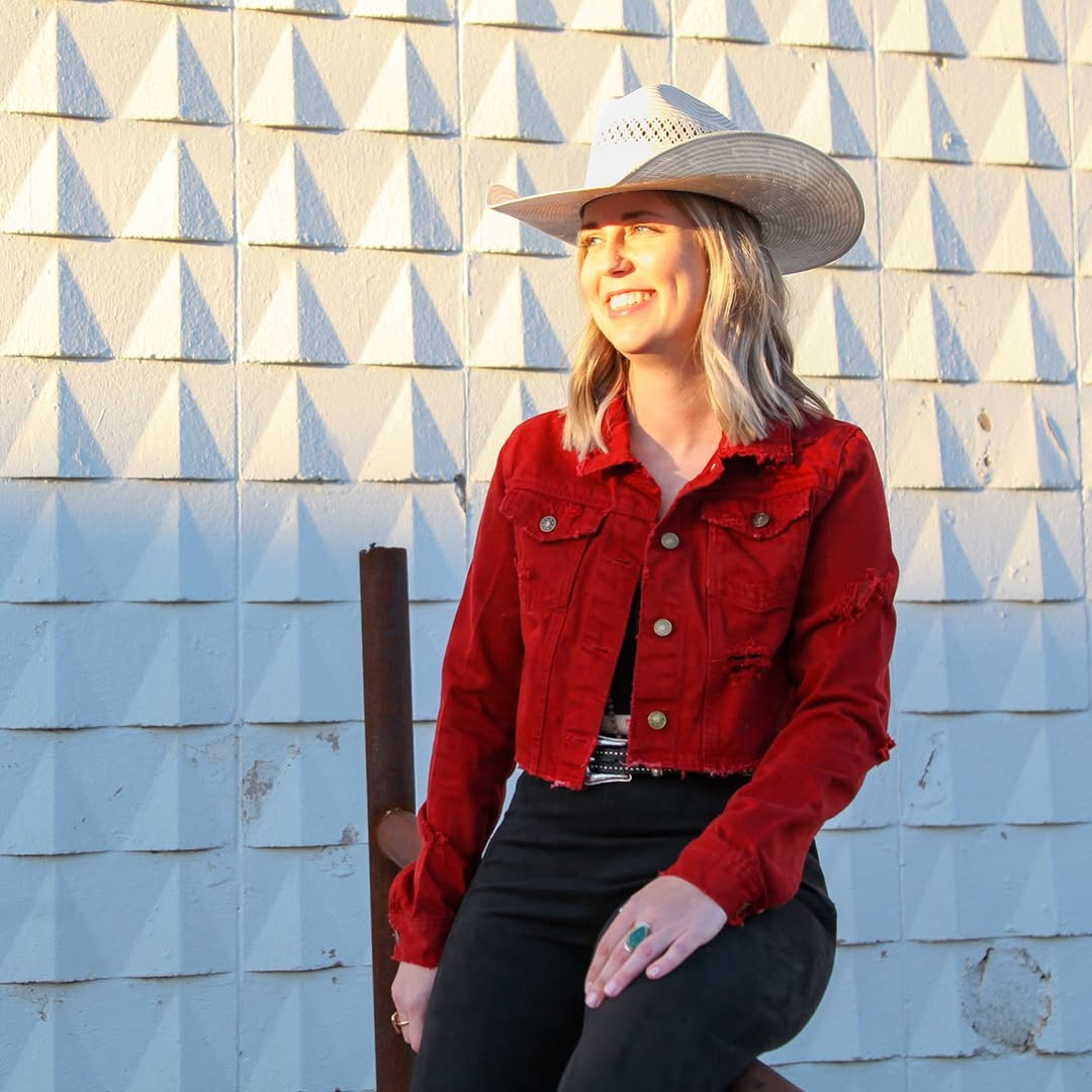Cropped Red Denim Jacket With Black Jeans