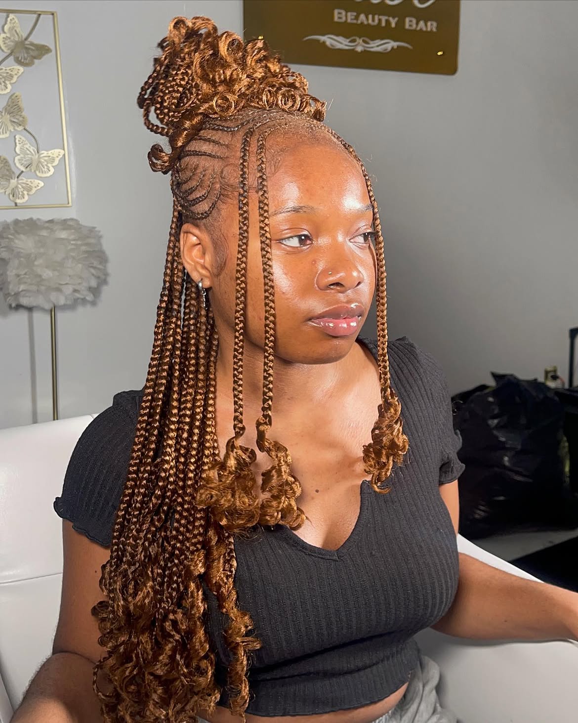 Curly Tip Fulani Braids With High Top Knot