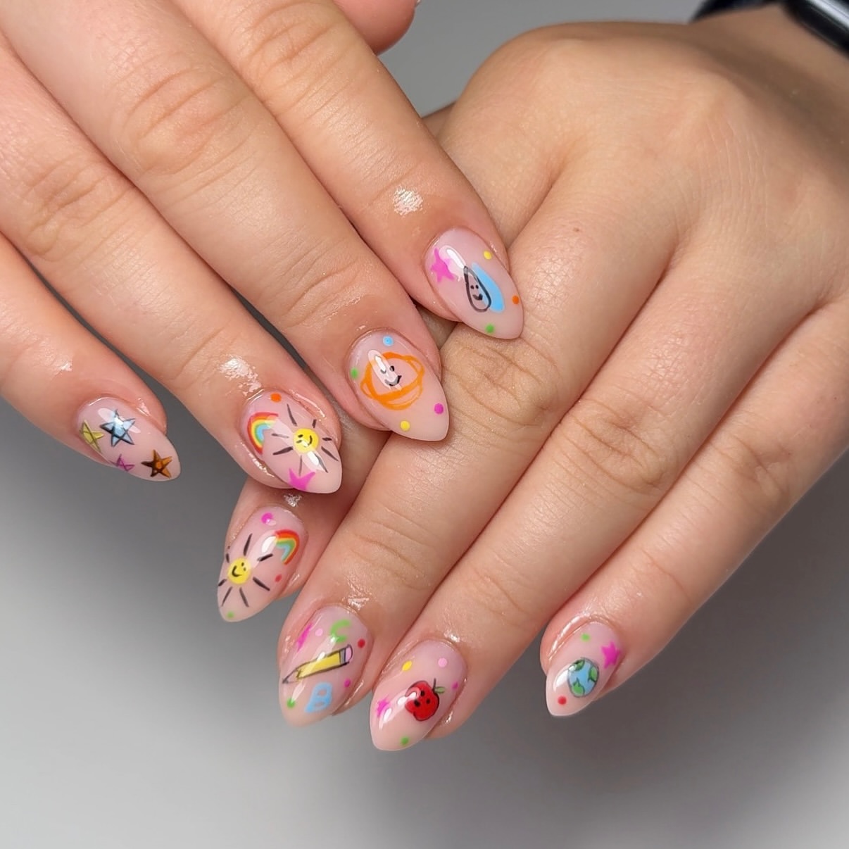 Cute Cartoon Doodle Almond Nails For School