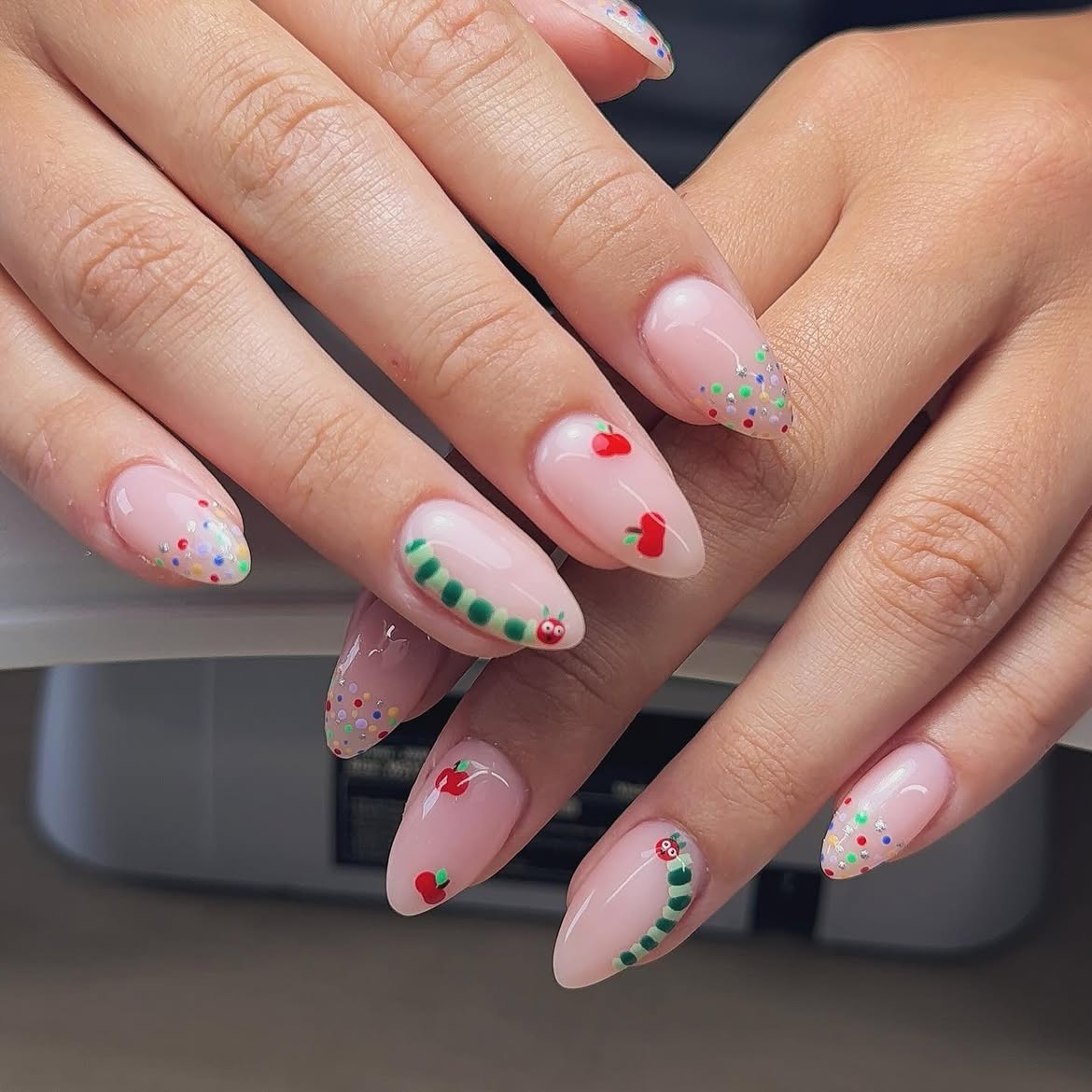 Cute Caterpillar And Apple Nail Art