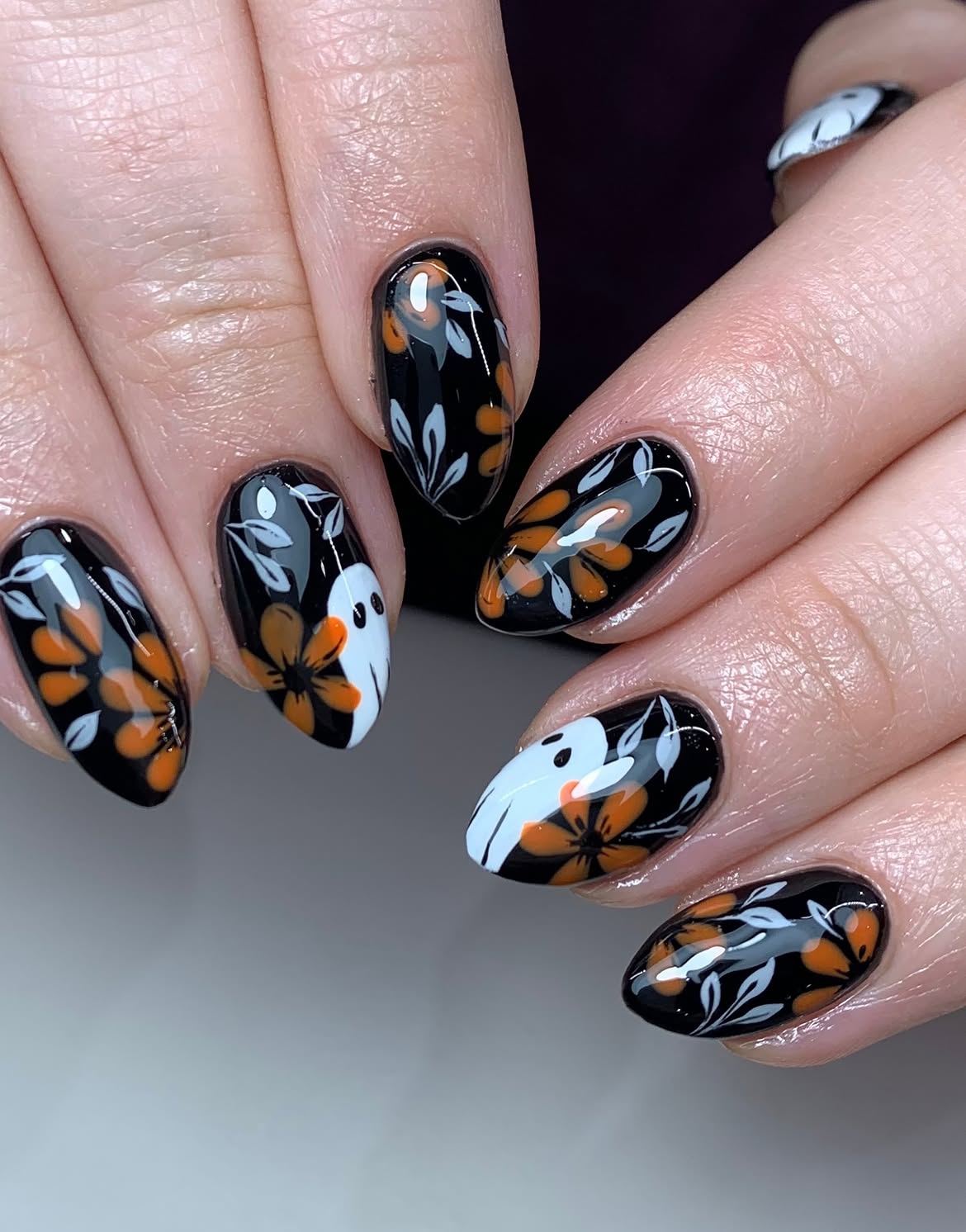 Cute Ghost and Floral Halloween Almond Nails