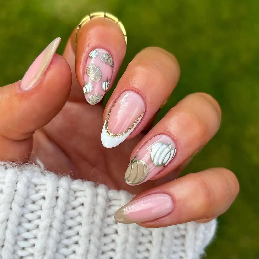 Cute Pumpkin French Tip Almond Nails