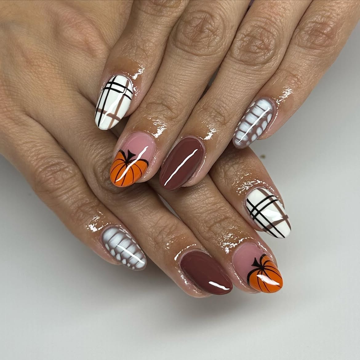 Cute Pumpkin Plaid Almond Fall Nails