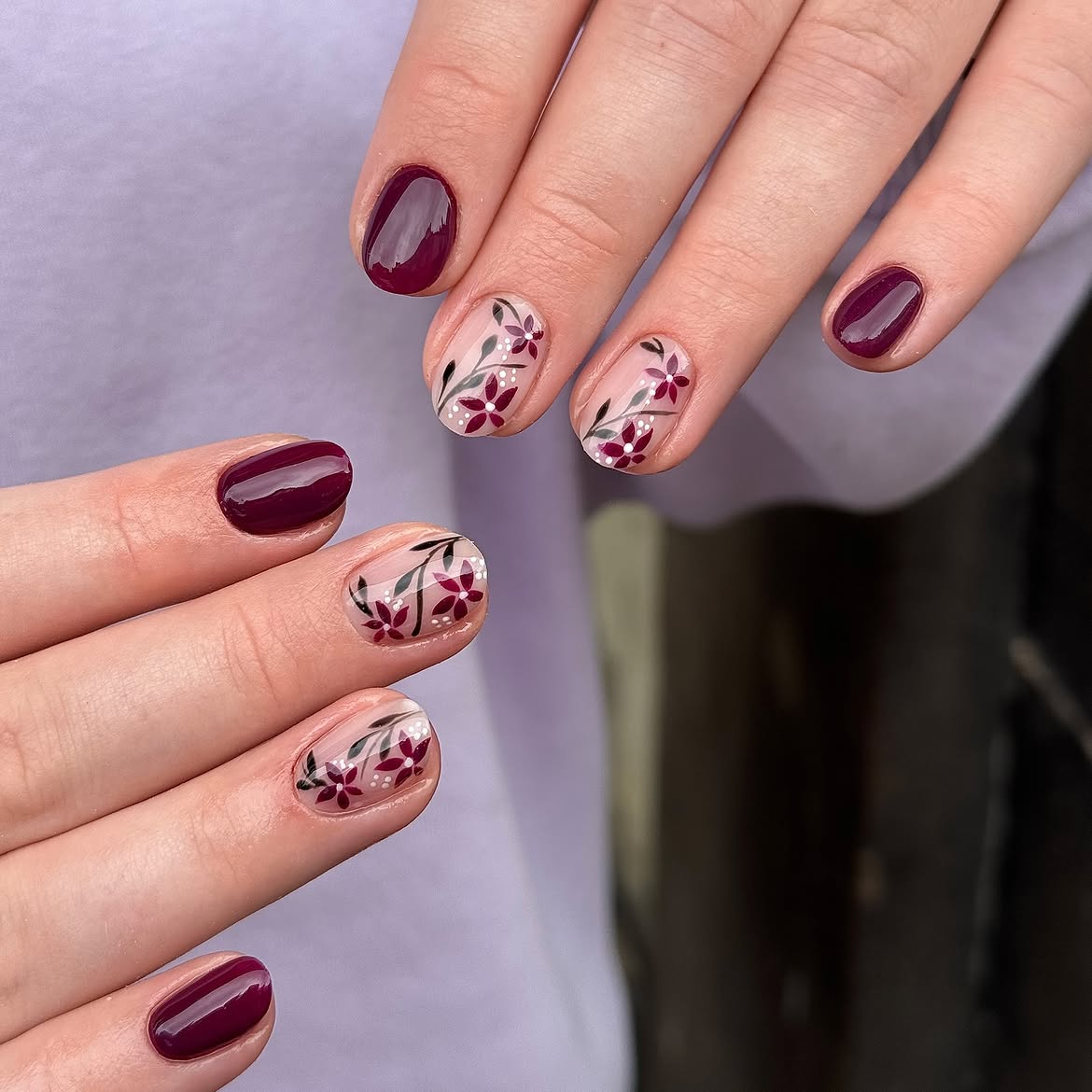 Dark Berry Floral Accent Nails