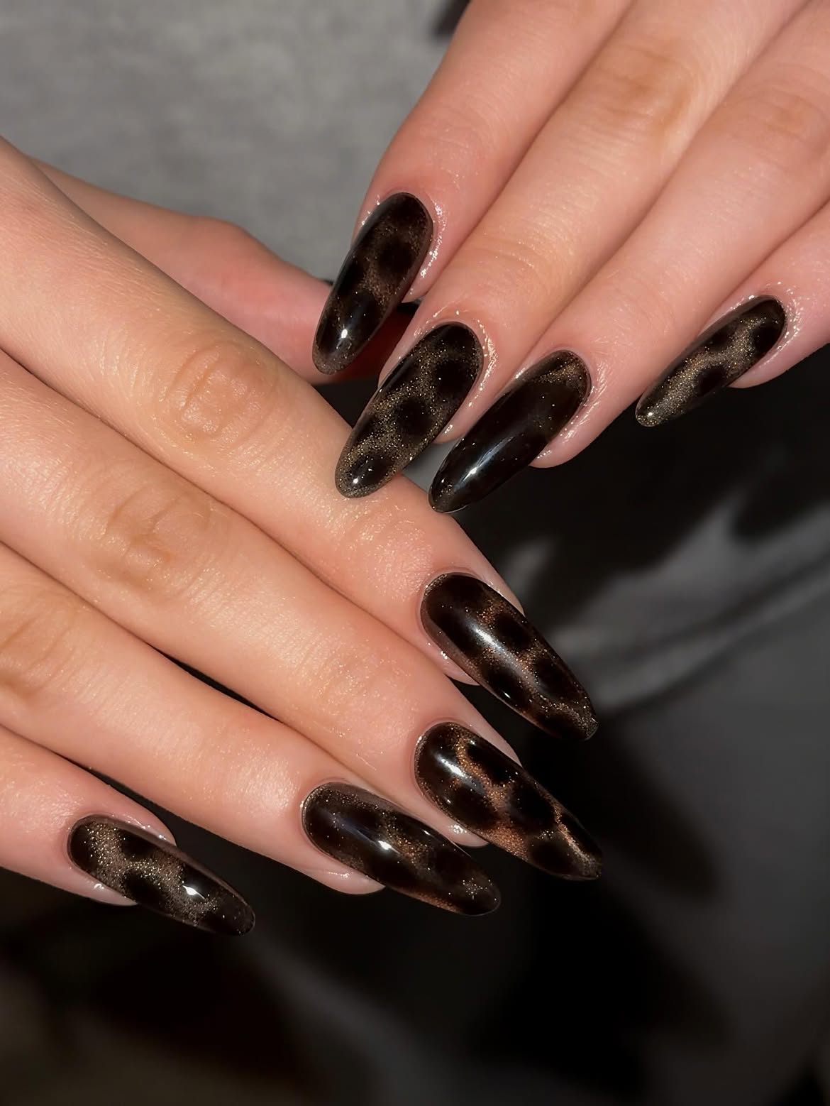 Dark Cat Eye Leopard Coffin Nails