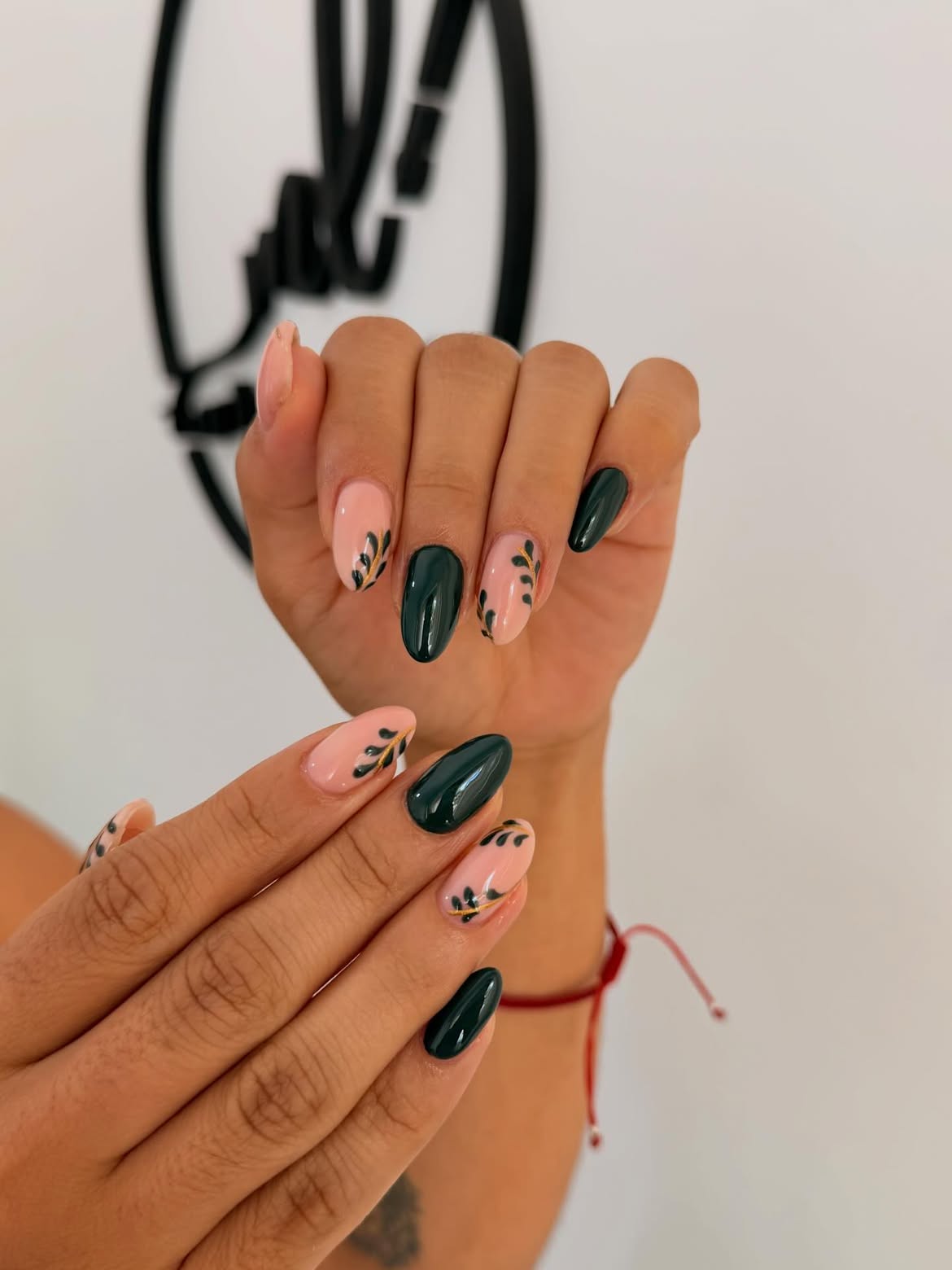 Dark Emerald and Blush Leaf Almond Nails