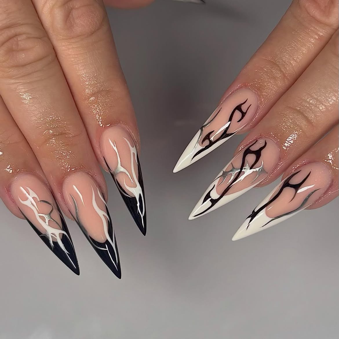 Dark Flame French Tip Stiletto Nails