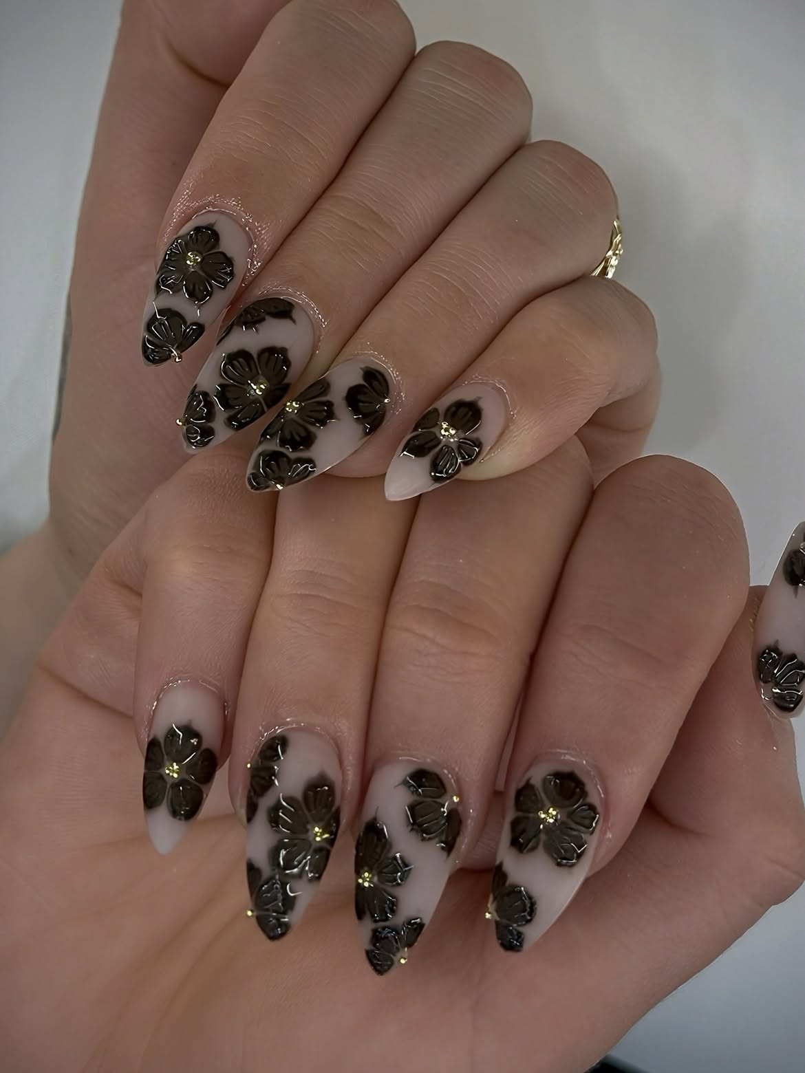Dark Floral 3D Embellished Almond Nails