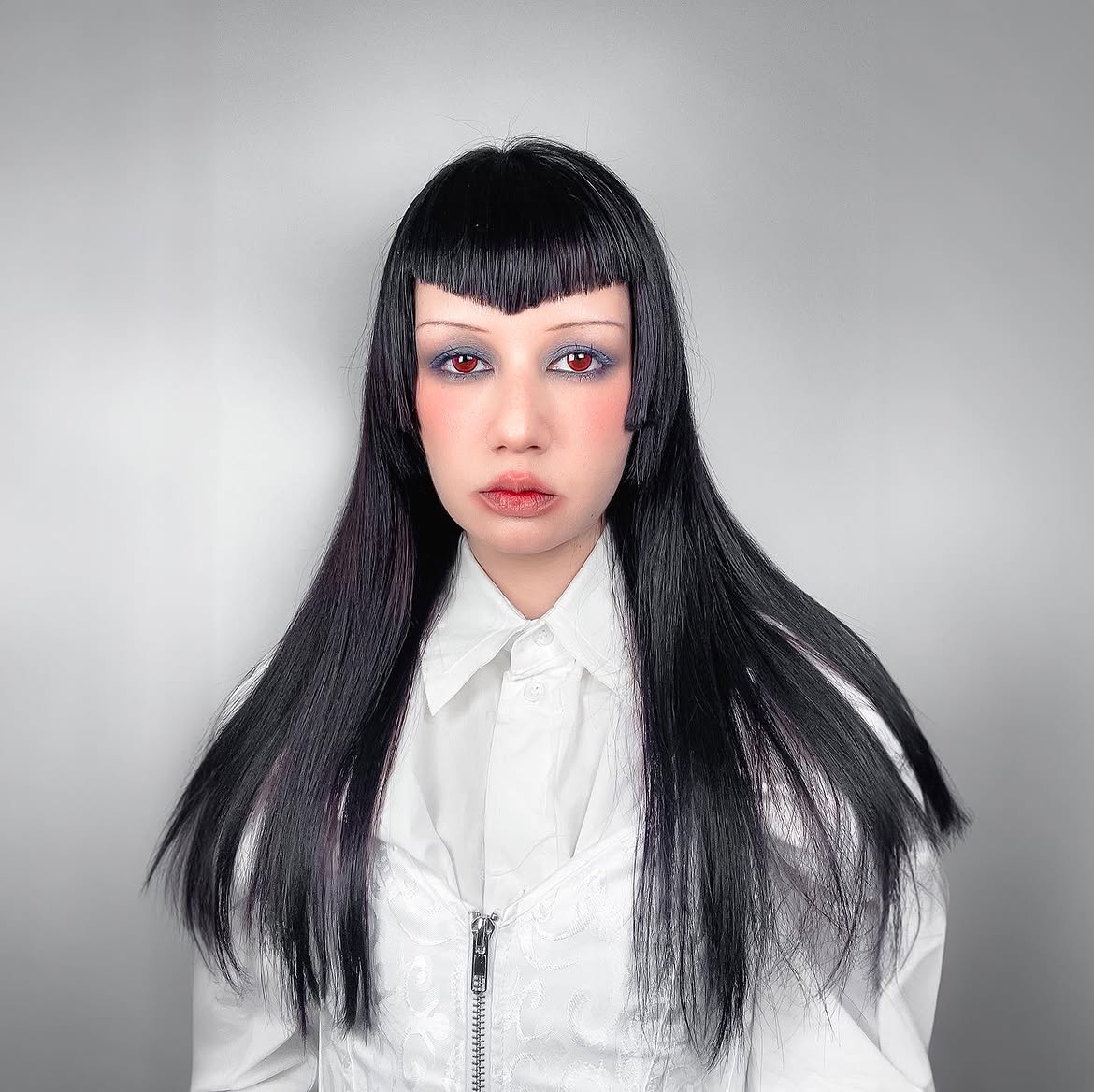 Dark Raven Hair With Micro Bangs & Face Framing