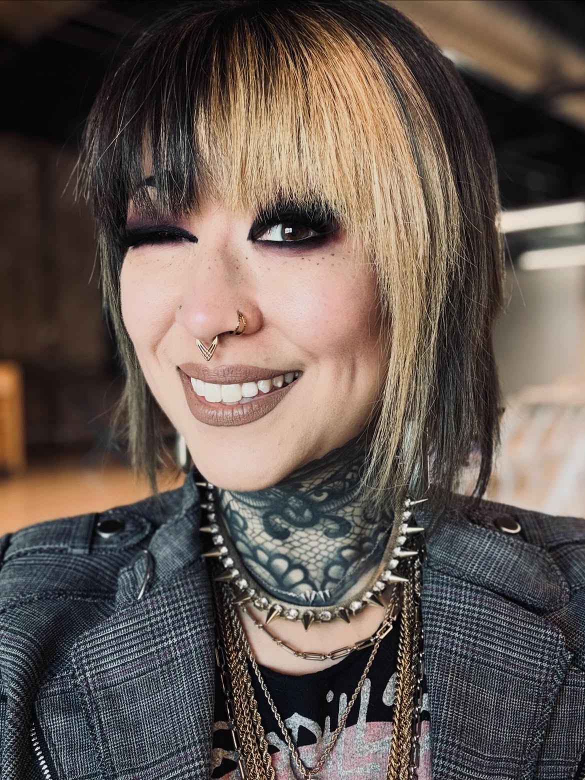 Dark Rooted Blonde Two-Tone Bob With Choppy Bangs