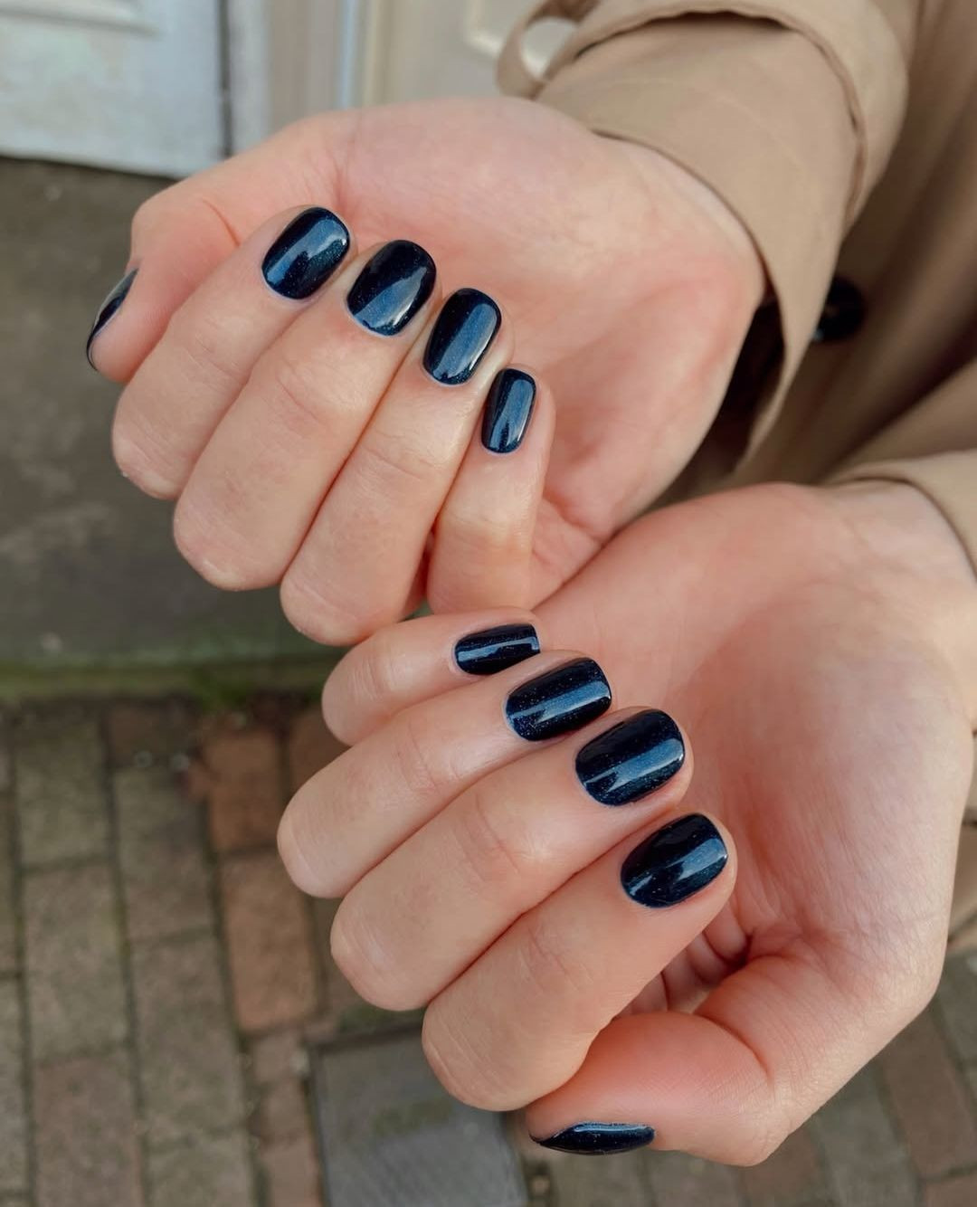 Dark Shimmering Navy Blue Oval Nails
