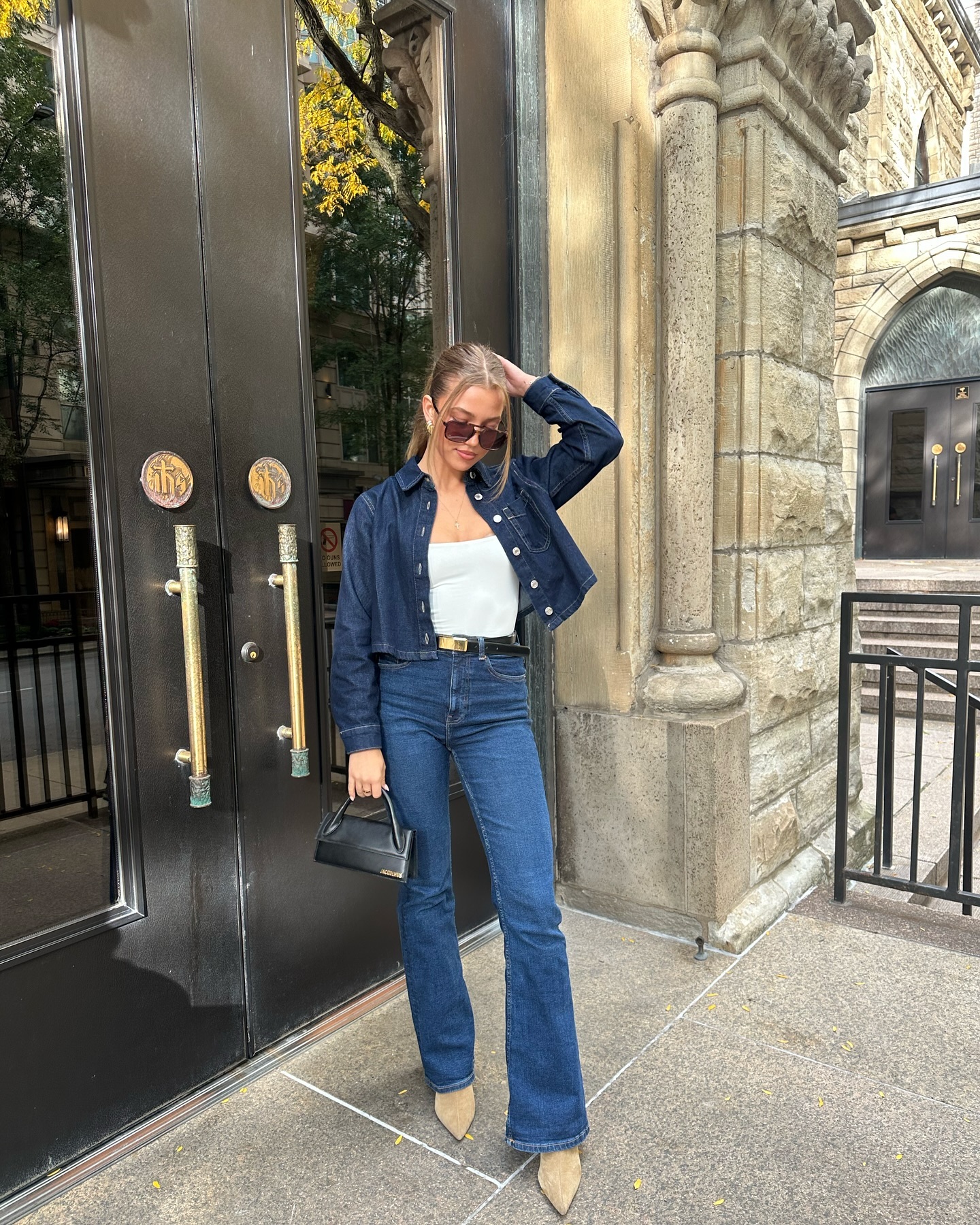 Dark Wash Denim On Denim Flare Jean Outfit