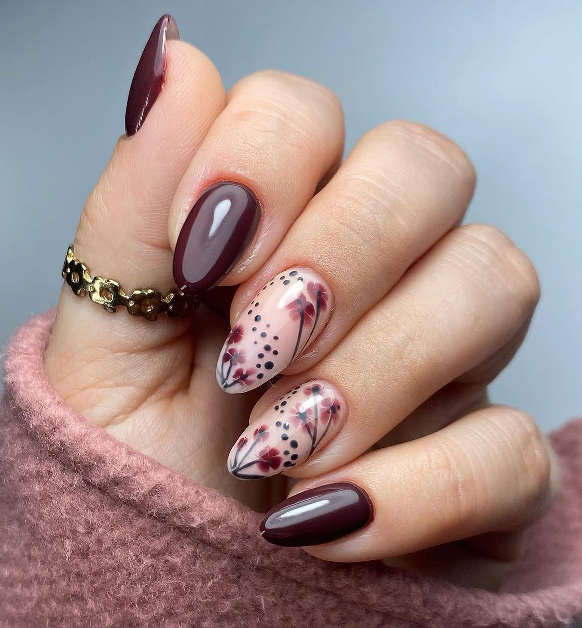 Deep Berry Floral Almond Nails