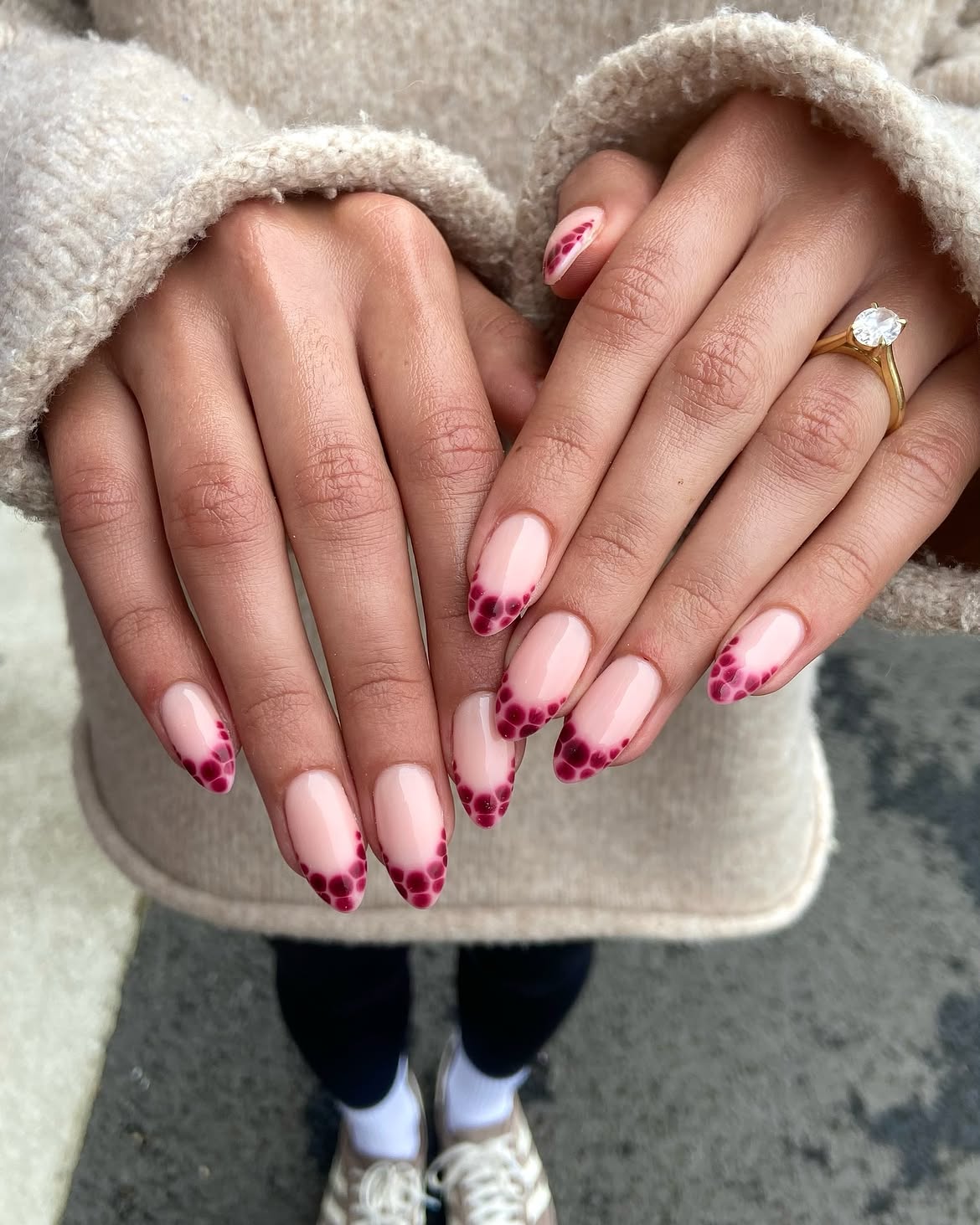 Deep Berry French Tip Almond Nails