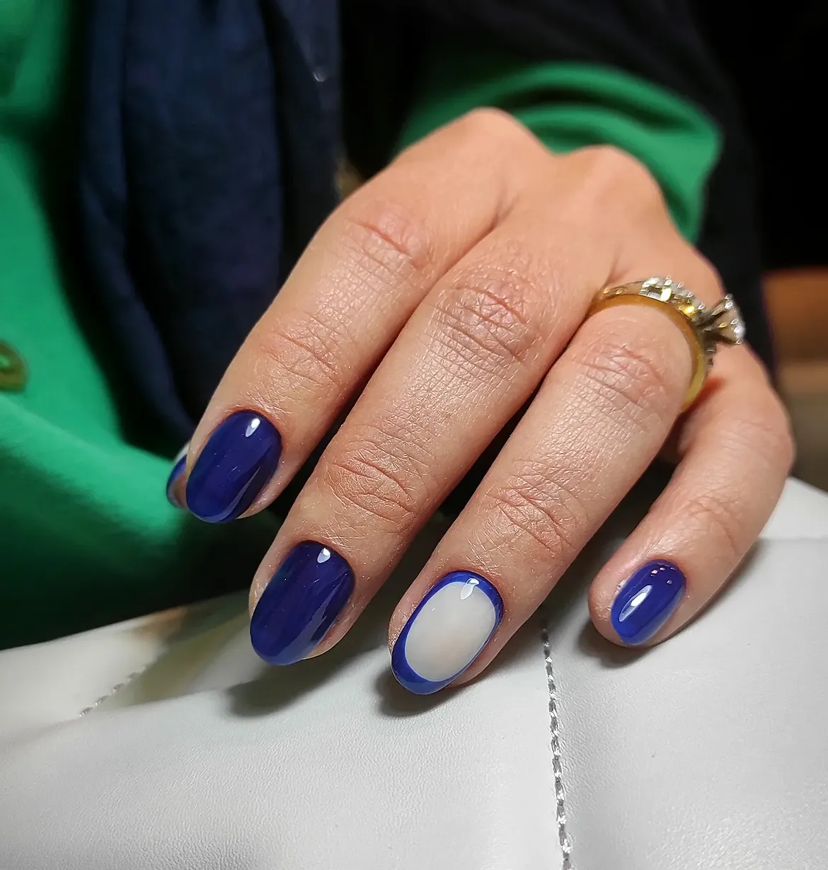 Deep Blue Oval French with Milky Accent