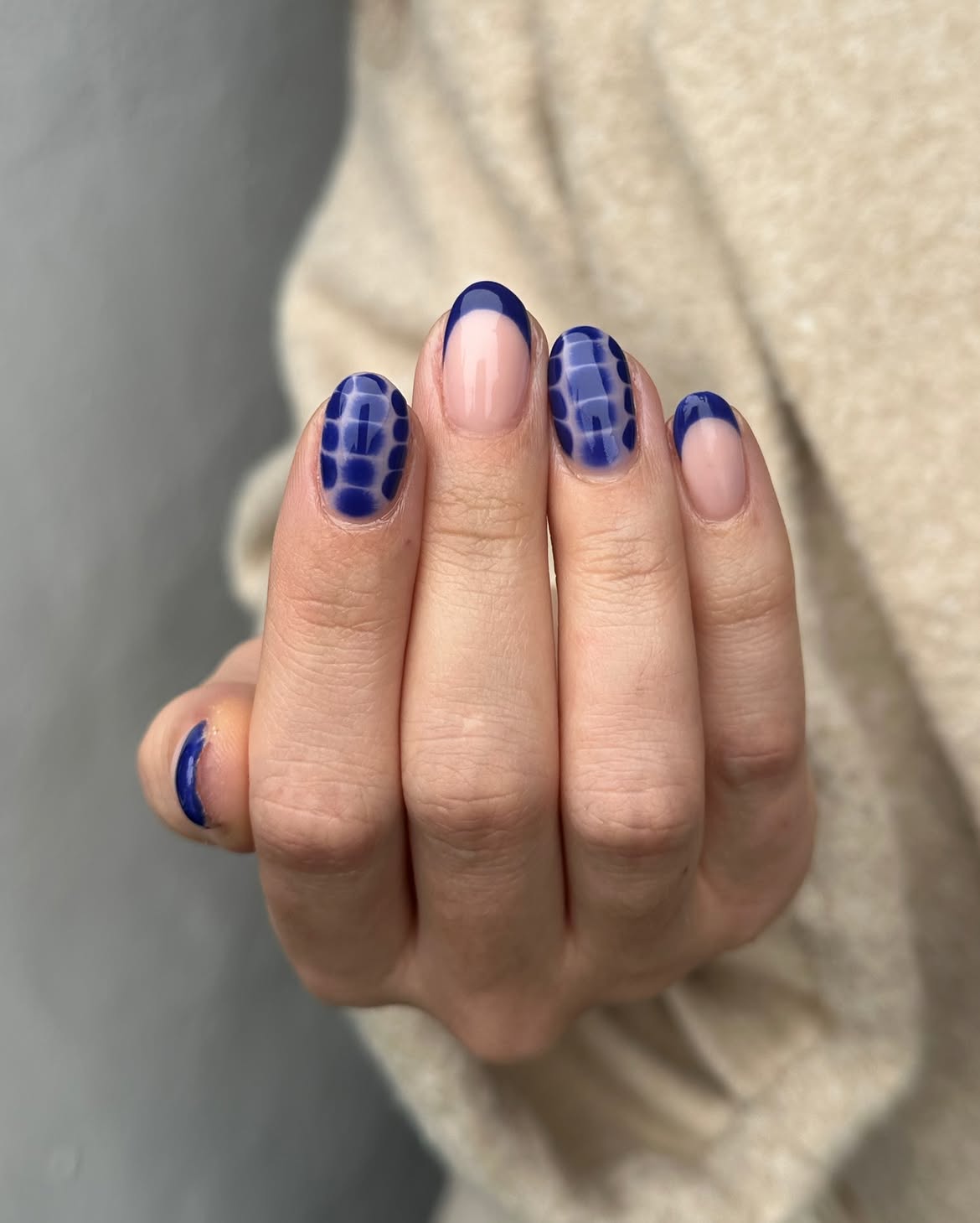 Deep Blue Plaid French Tip Almond Nails