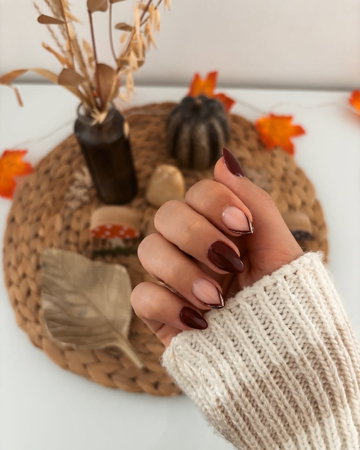 Deep Burgundy Almond French with Gold Accent