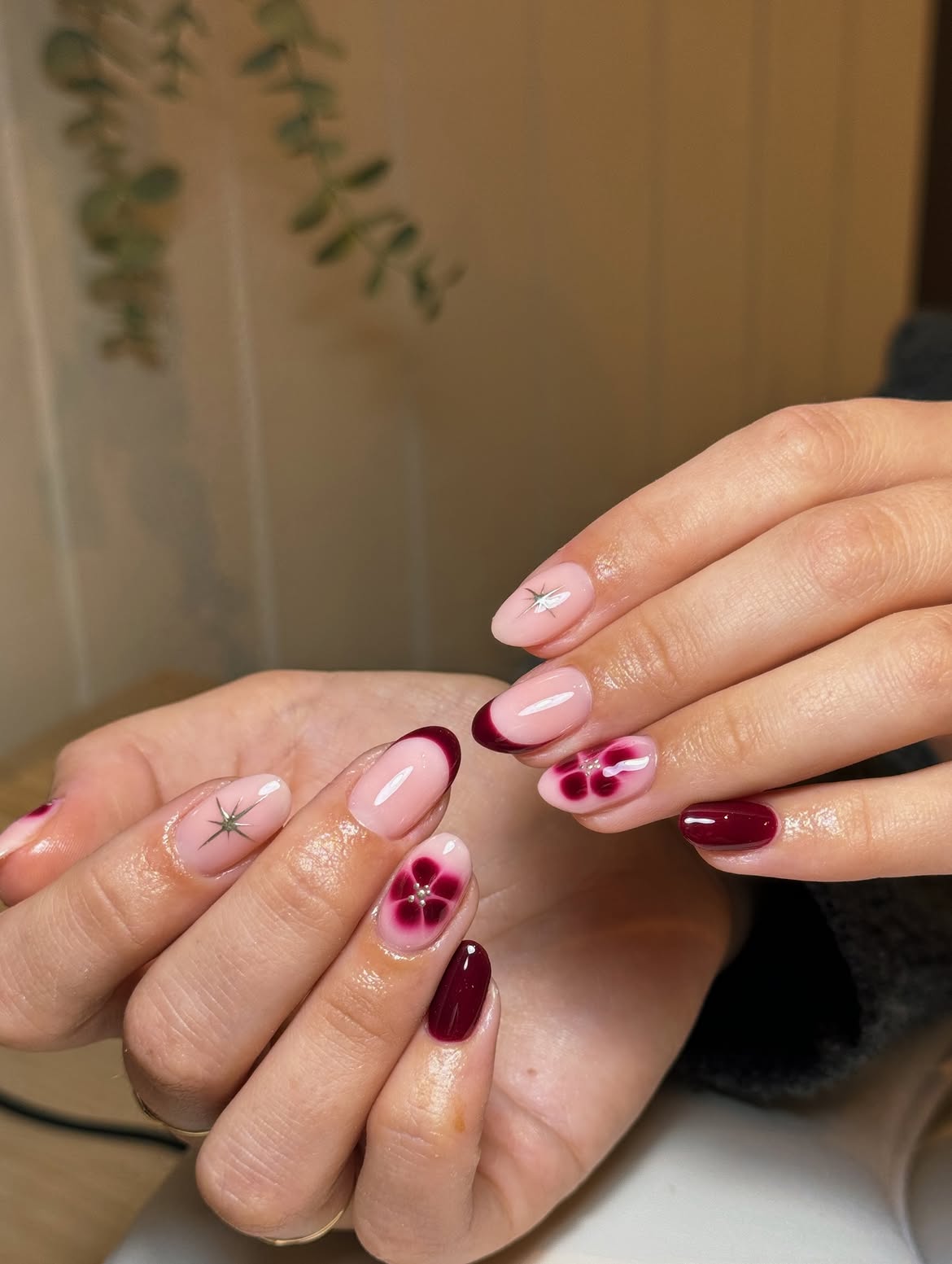Deep Burgundy Floral French Tip Nails
