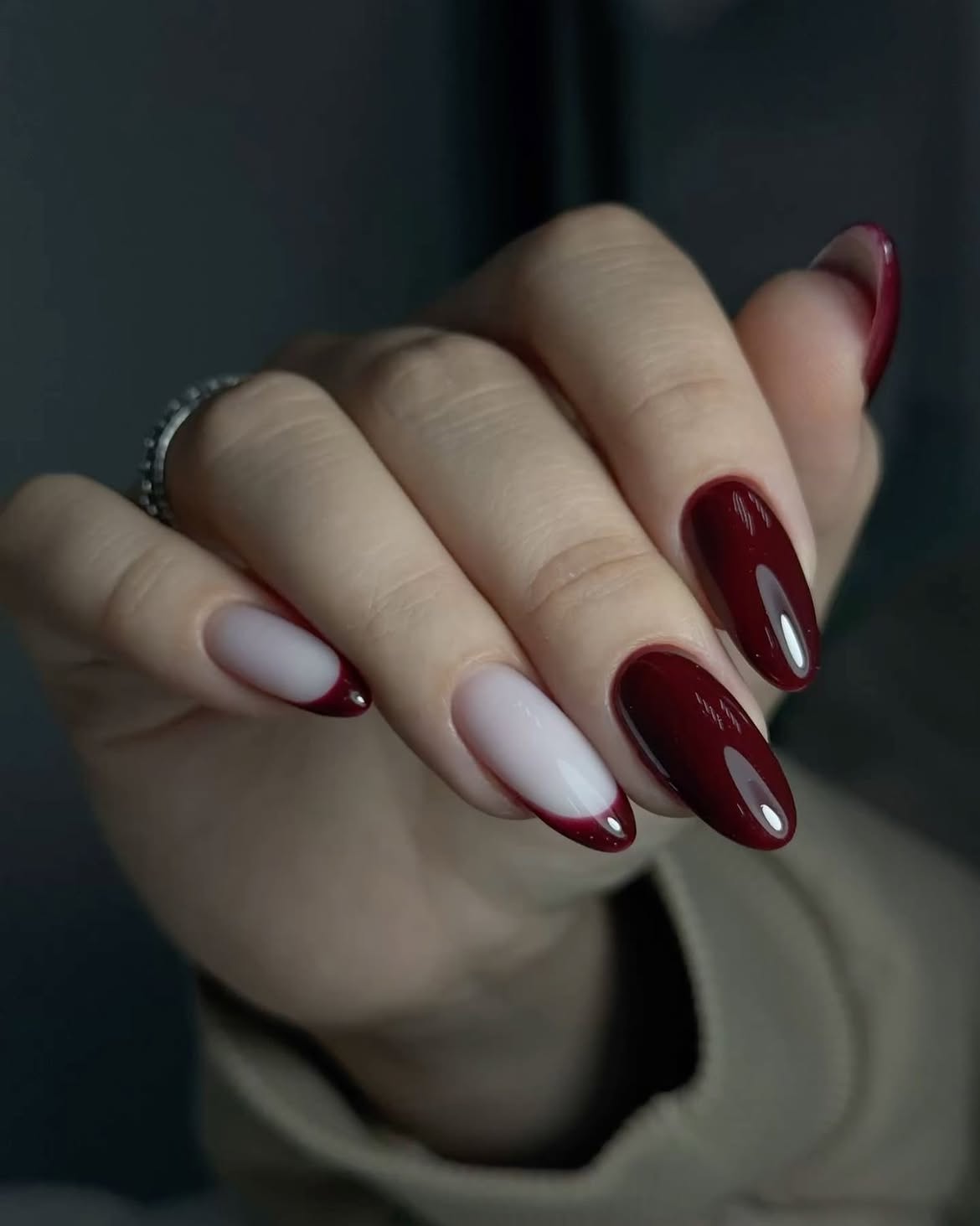 Deep Burgundy French Tip Almond Nails