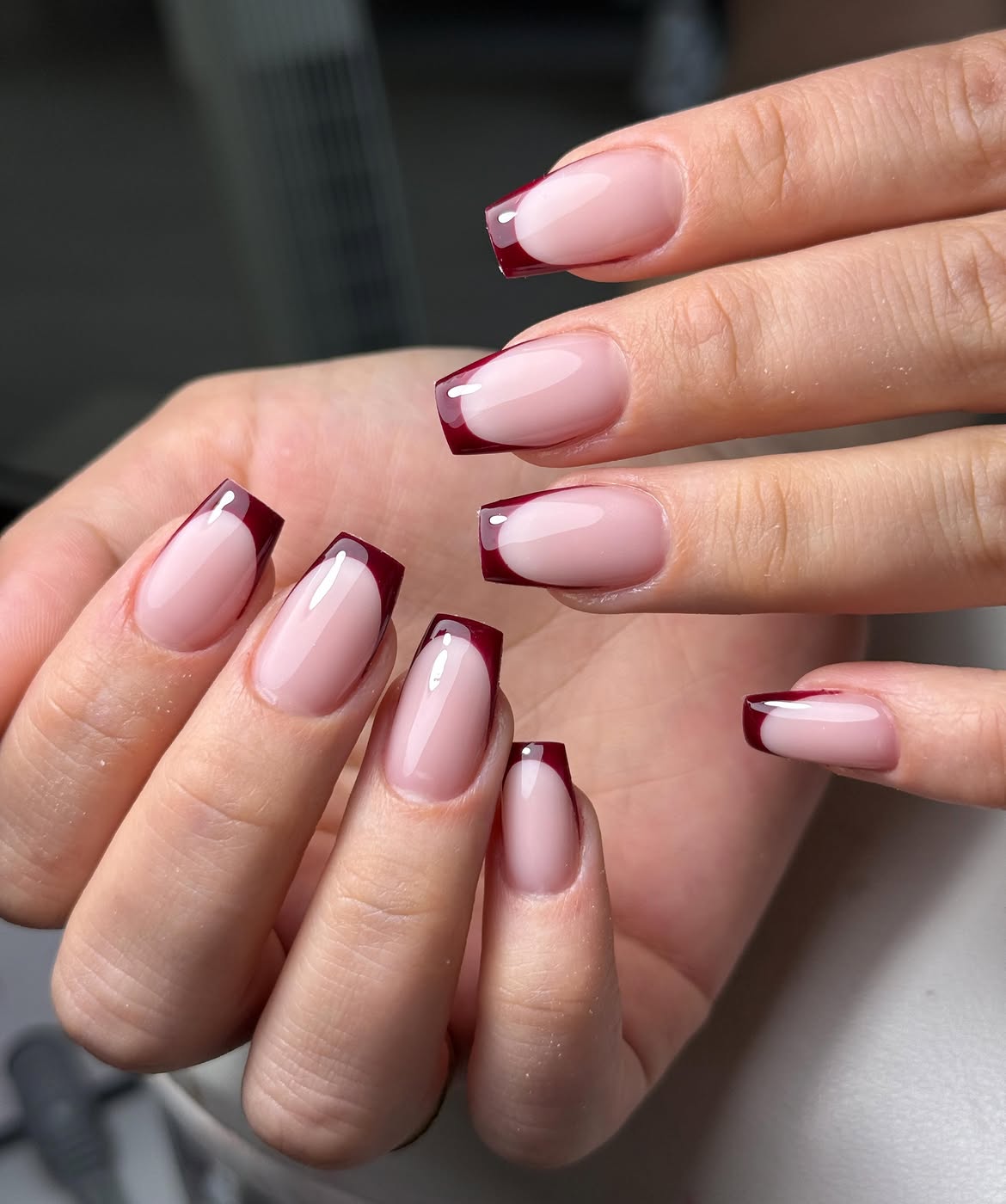 Deep Burgundy French Tip Coffin Nails