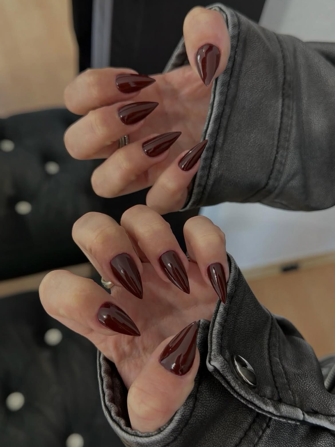 Deep Burgundy Glossy Stiletto Nails
