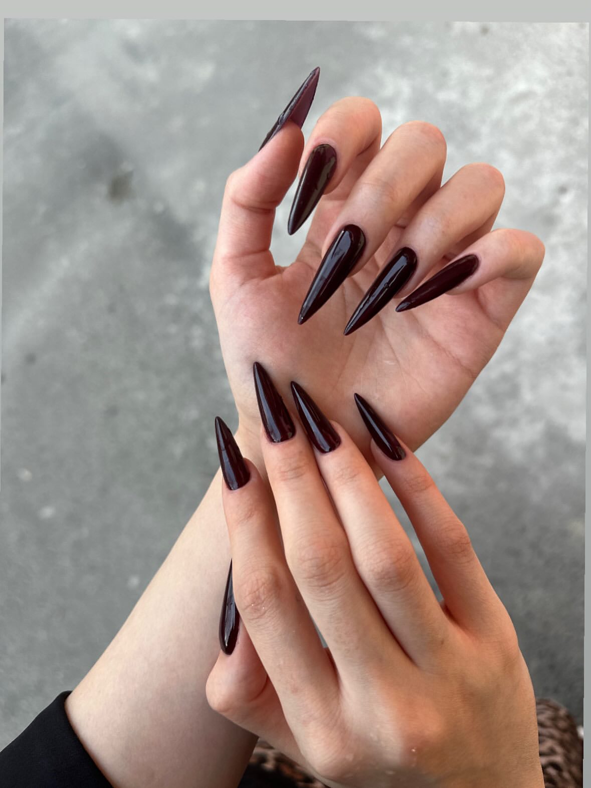 Deep Burgundy Glossy Stiletto Nails