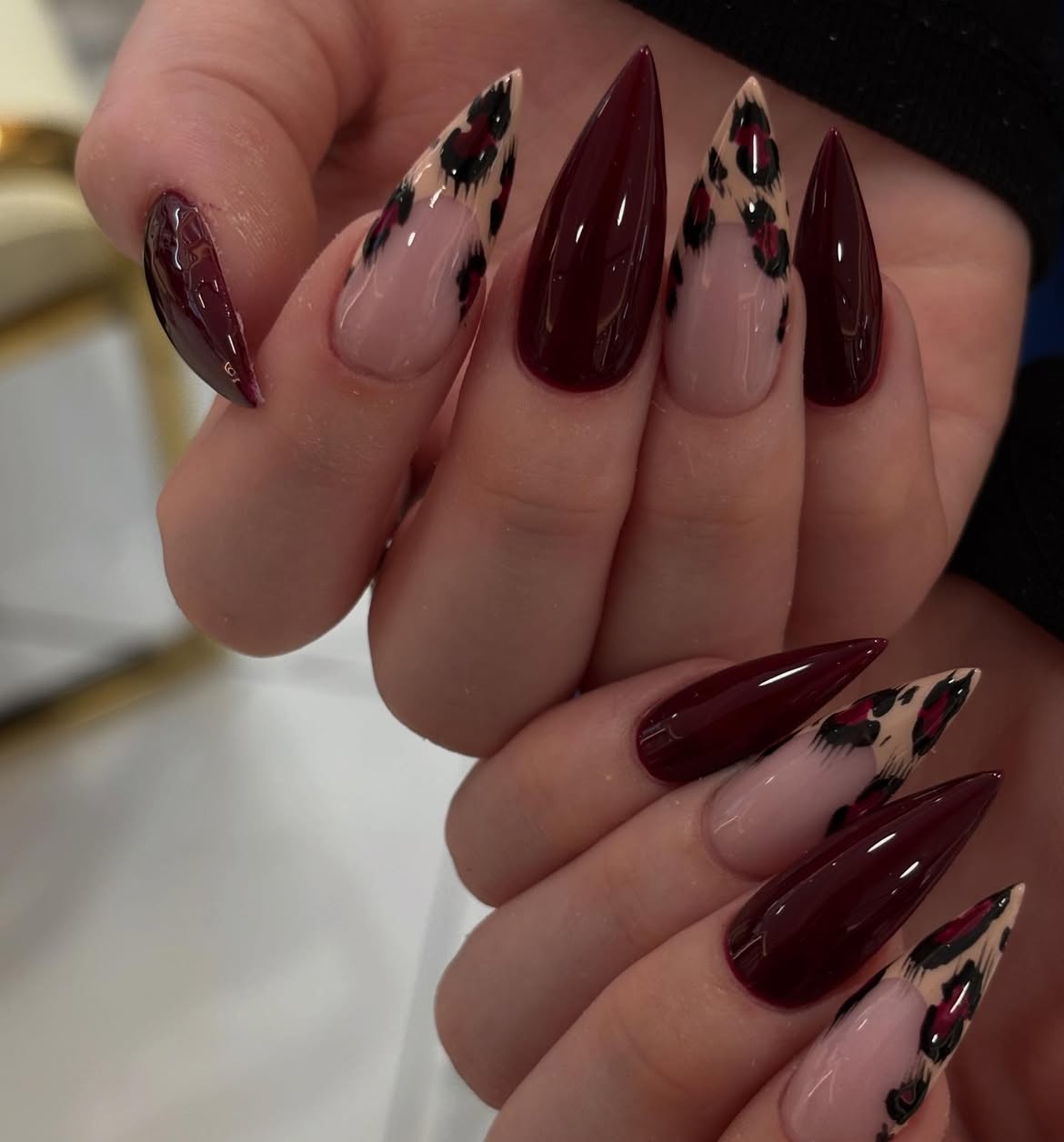 Deep Burgundy Leopard Stiletto French Tips