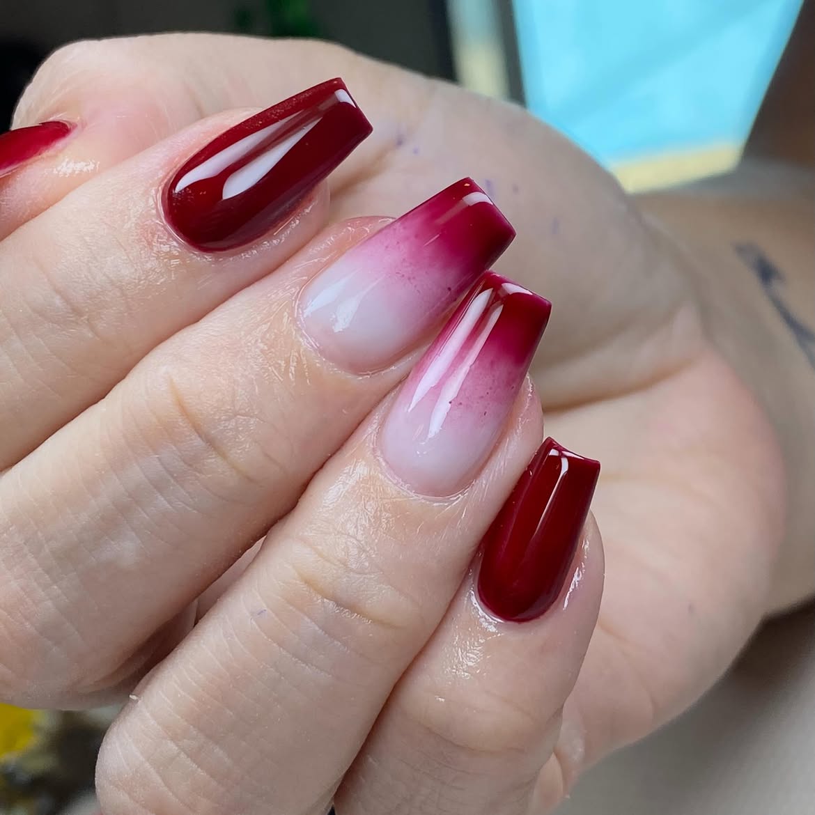 Deep Burgundy Ombre Glossy Coffin Nails