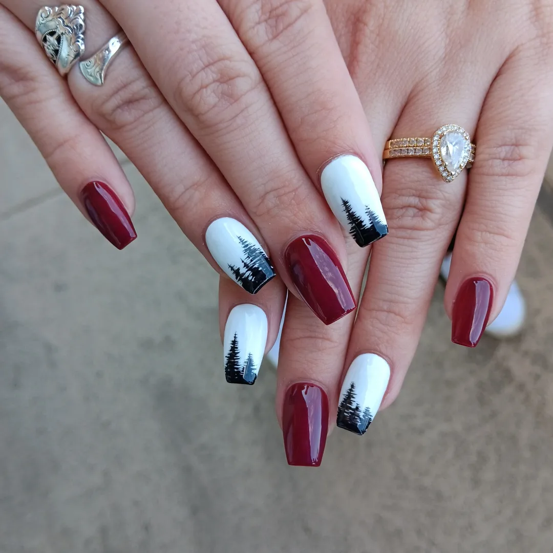 Deep Burgundy & Snowy Forest Coffin Nails