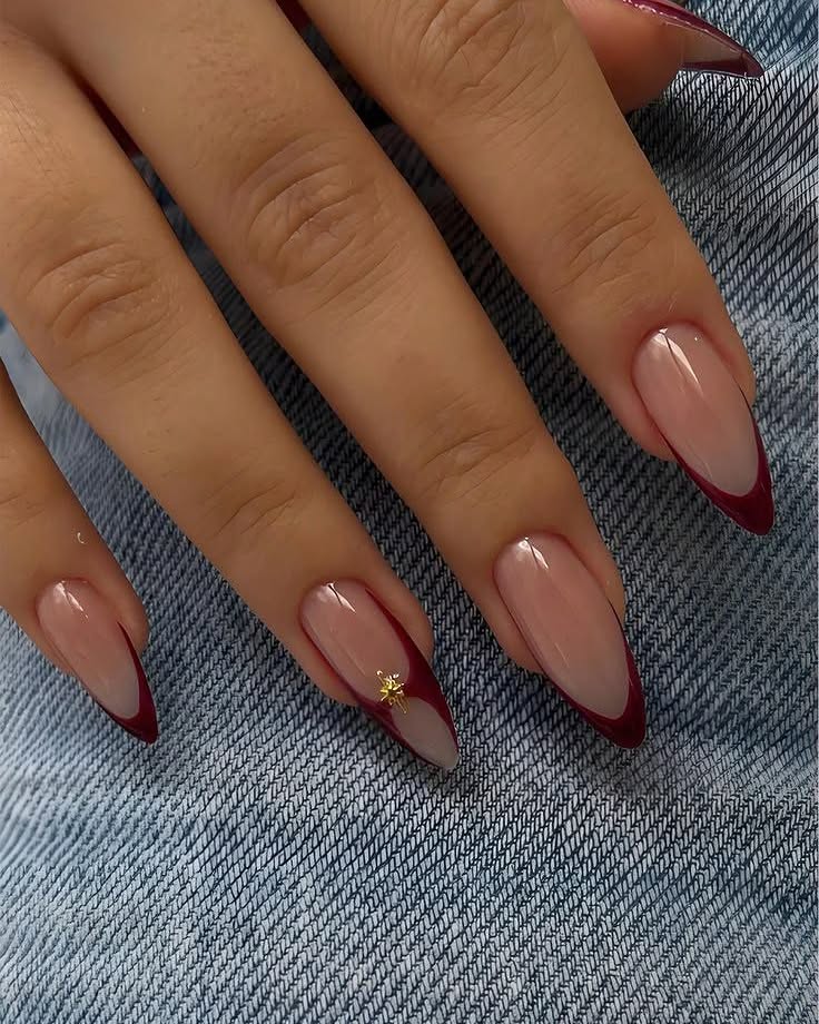 Deep Burgundy V-Cut French Tips with Gold Star Accent