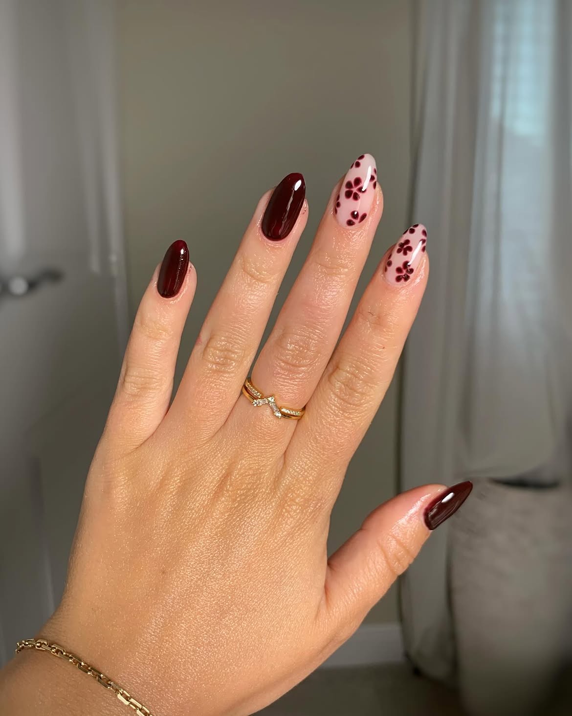 Deep Cherry Blossom Almond Nails