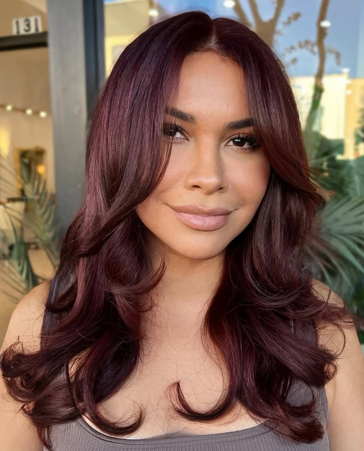 Deep Cherry Cola Balayage With Volume Layers