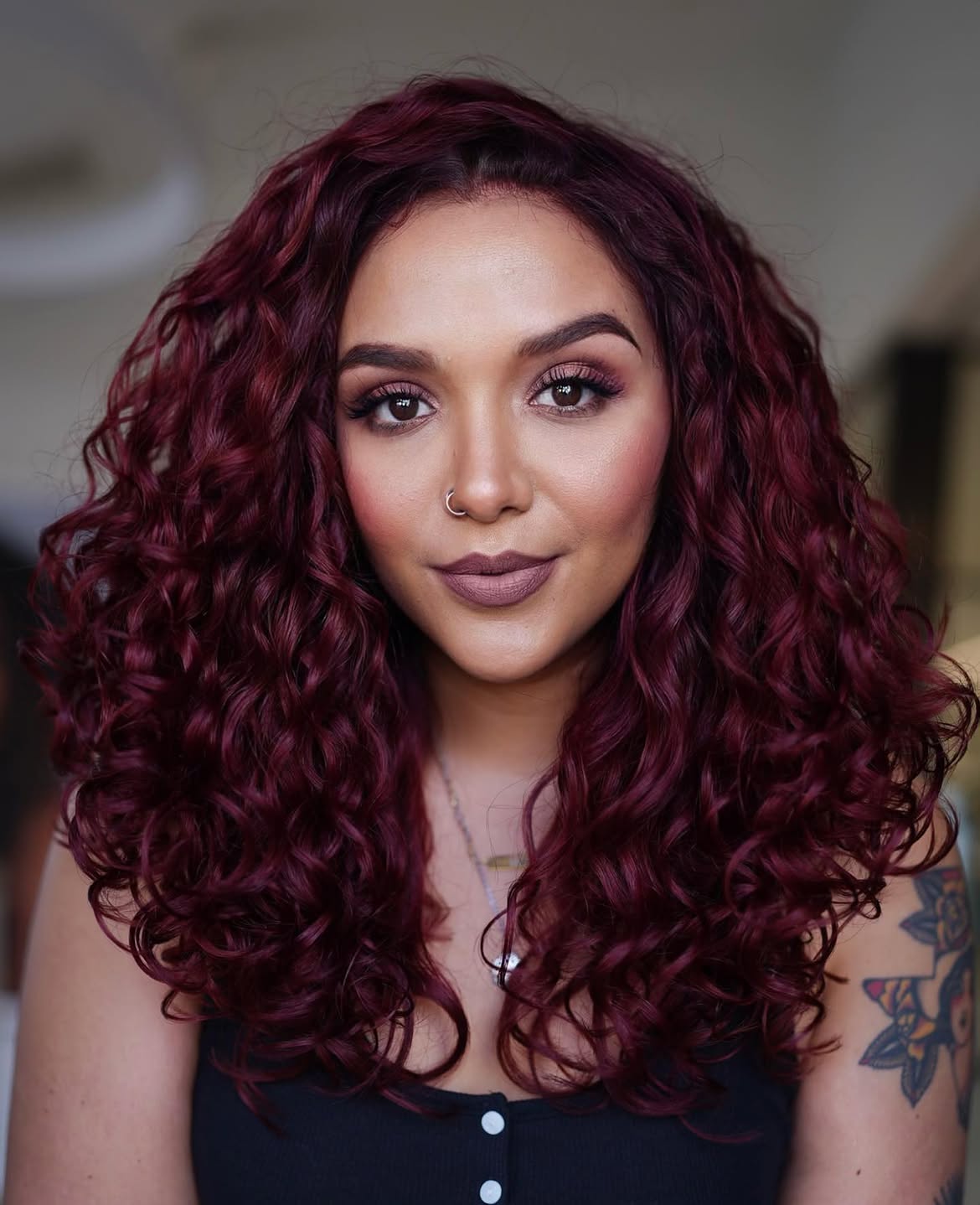 Deep Cherry Cola Curls With Bouncy Volume