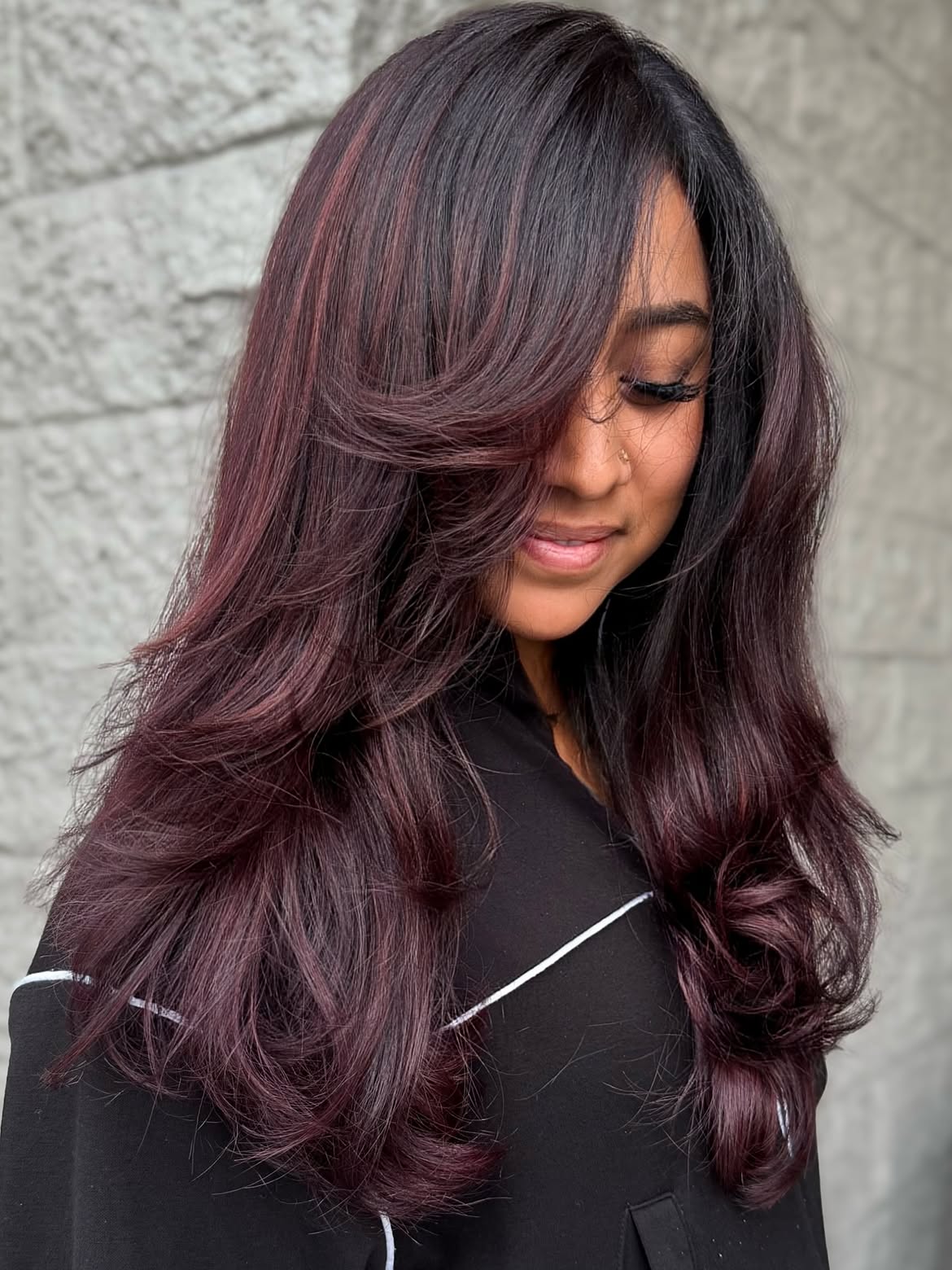 Deep Cherry Cola Layers With Face Framing