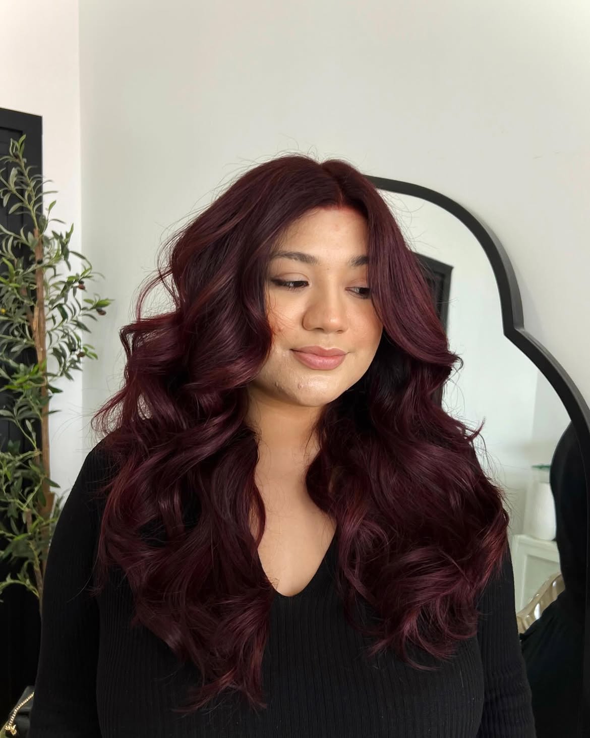 Deep Cherry Cola Waves With Face Framing Layers