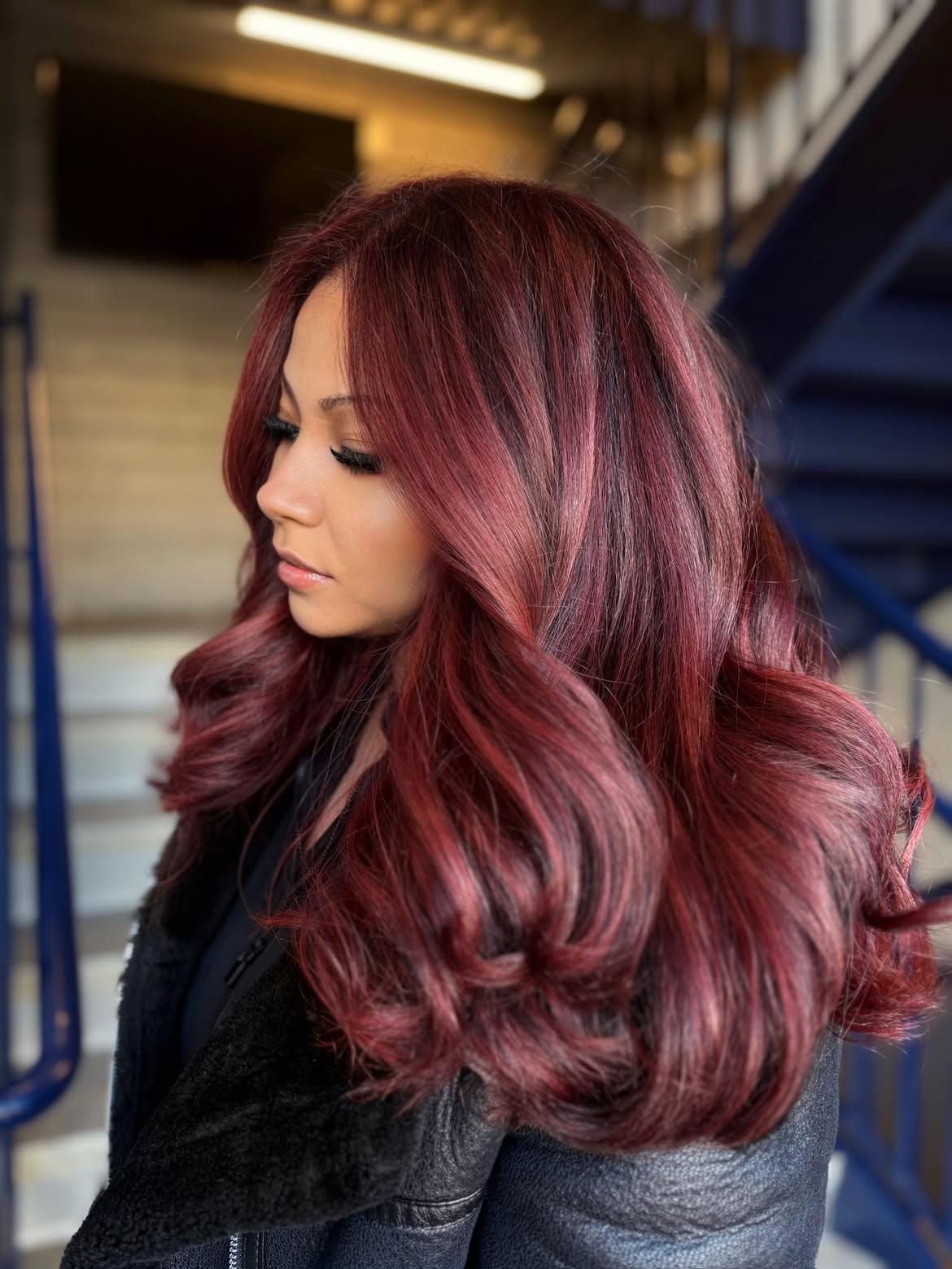 Deep Cherry Red Balayage With Voluminous Waves