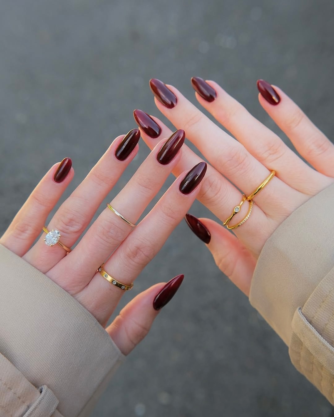 Deep Cherry Red High Gloss Almond Nails
