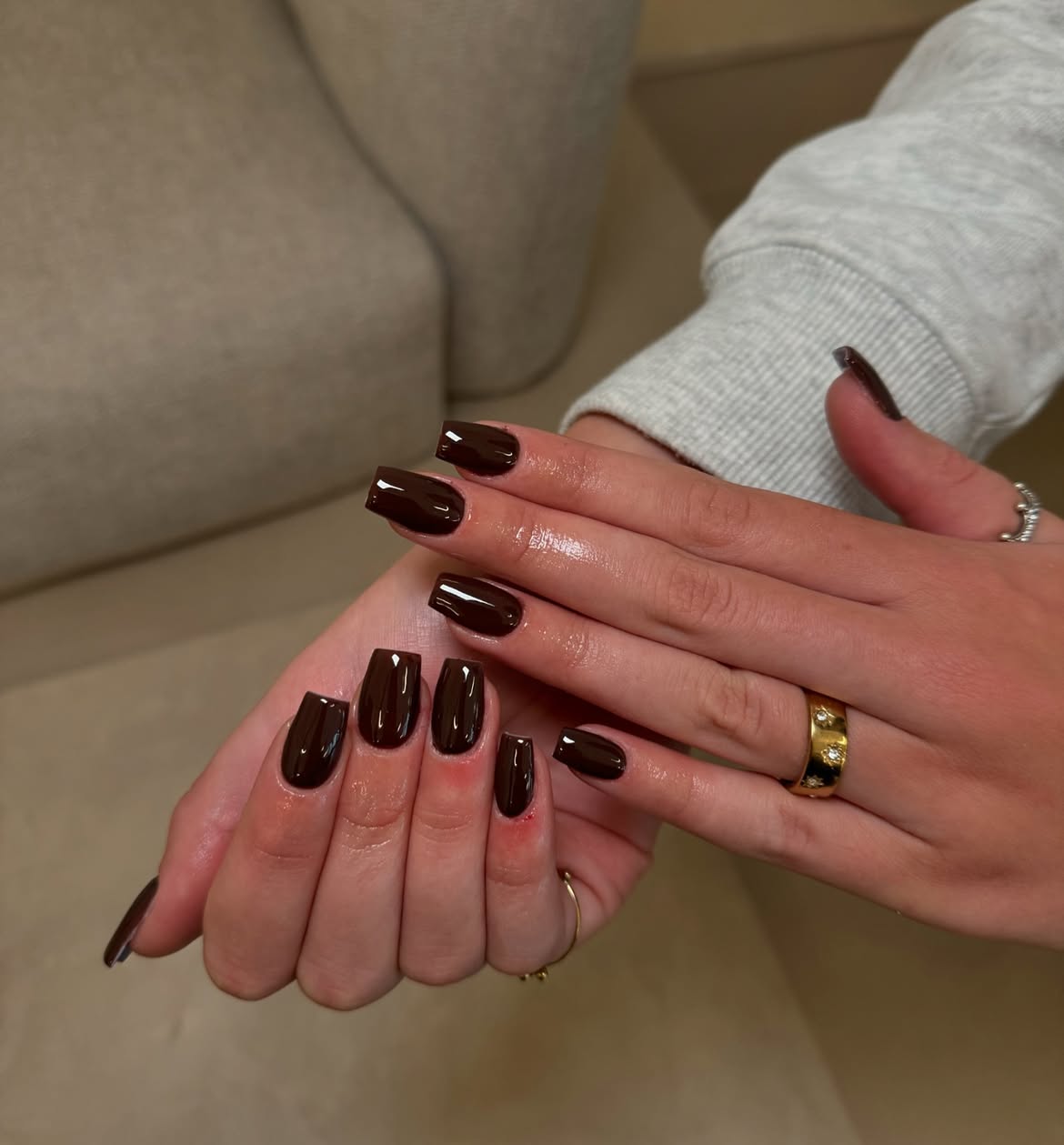 Deep Chocolate Brown High Gloss Square Nails