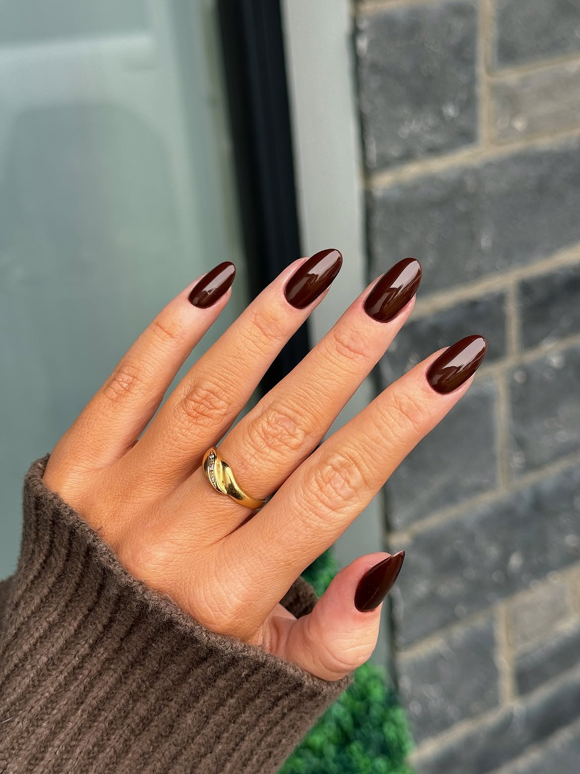 Deep Chocolate Glossy Almond Nails