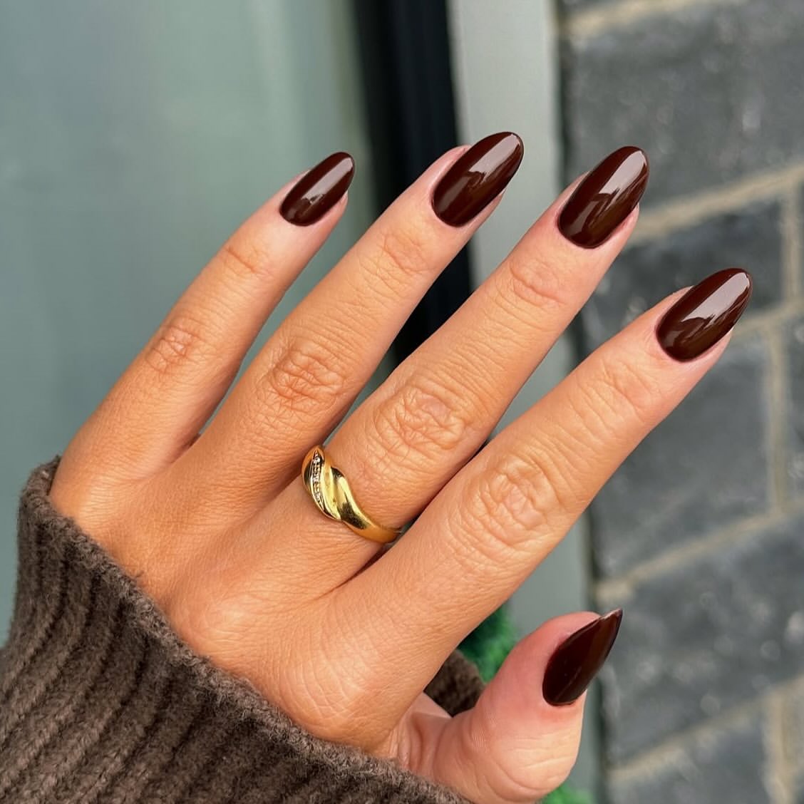 Deep Chocolate Glossy Almond Nails