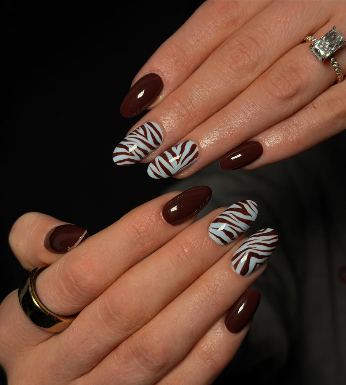Deep Chocolate Zebra Print Almond Nails