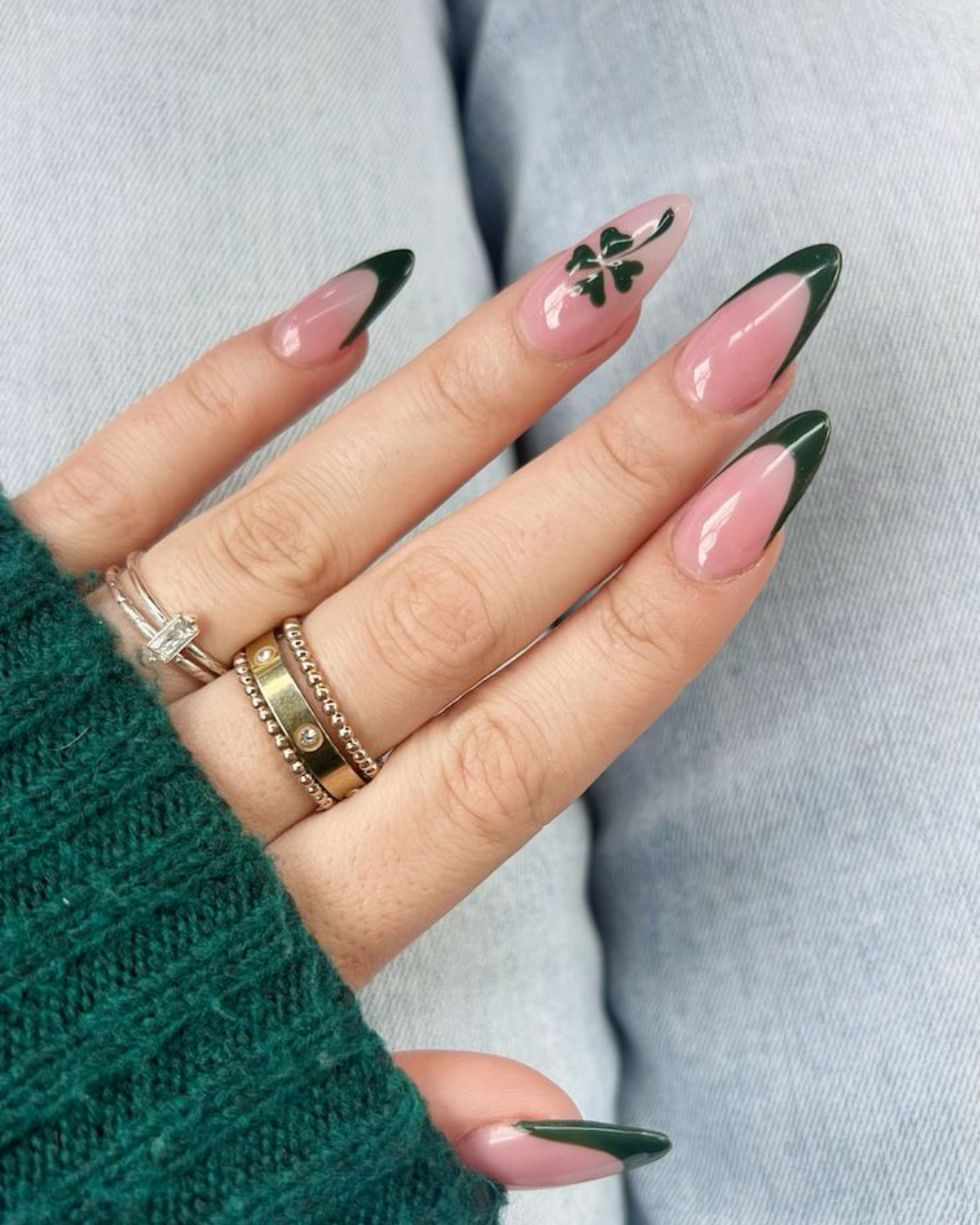 Deep Emerald French Tip Clover Almond Nails