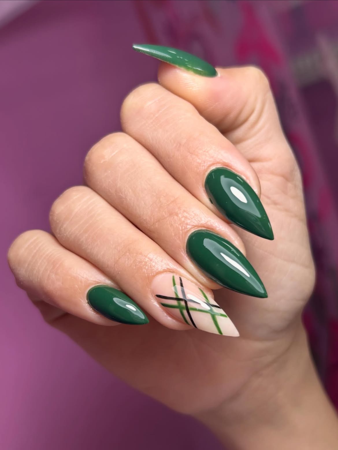 Deep Emerald Plaid Stiletto Nails