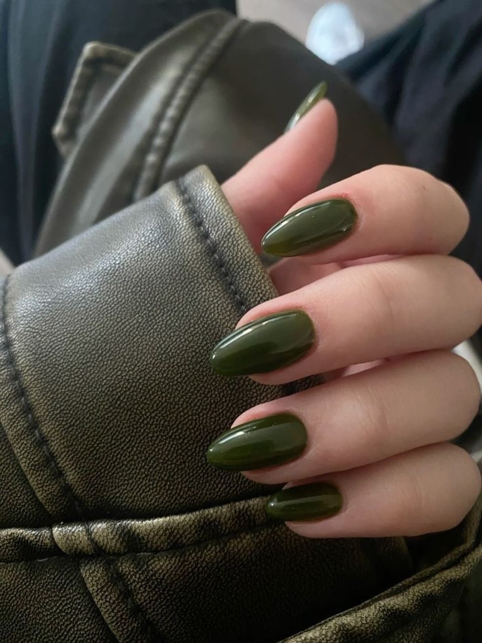 Deep Forest Green Glossy Almond Nails