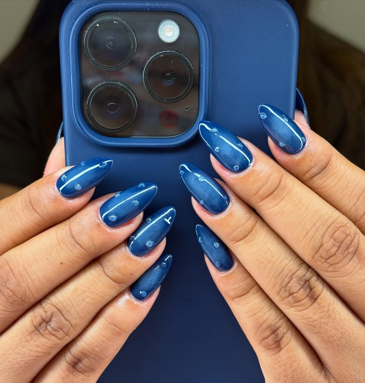 Deep Ocean Blue Almond Nails with 3D Water Droplets